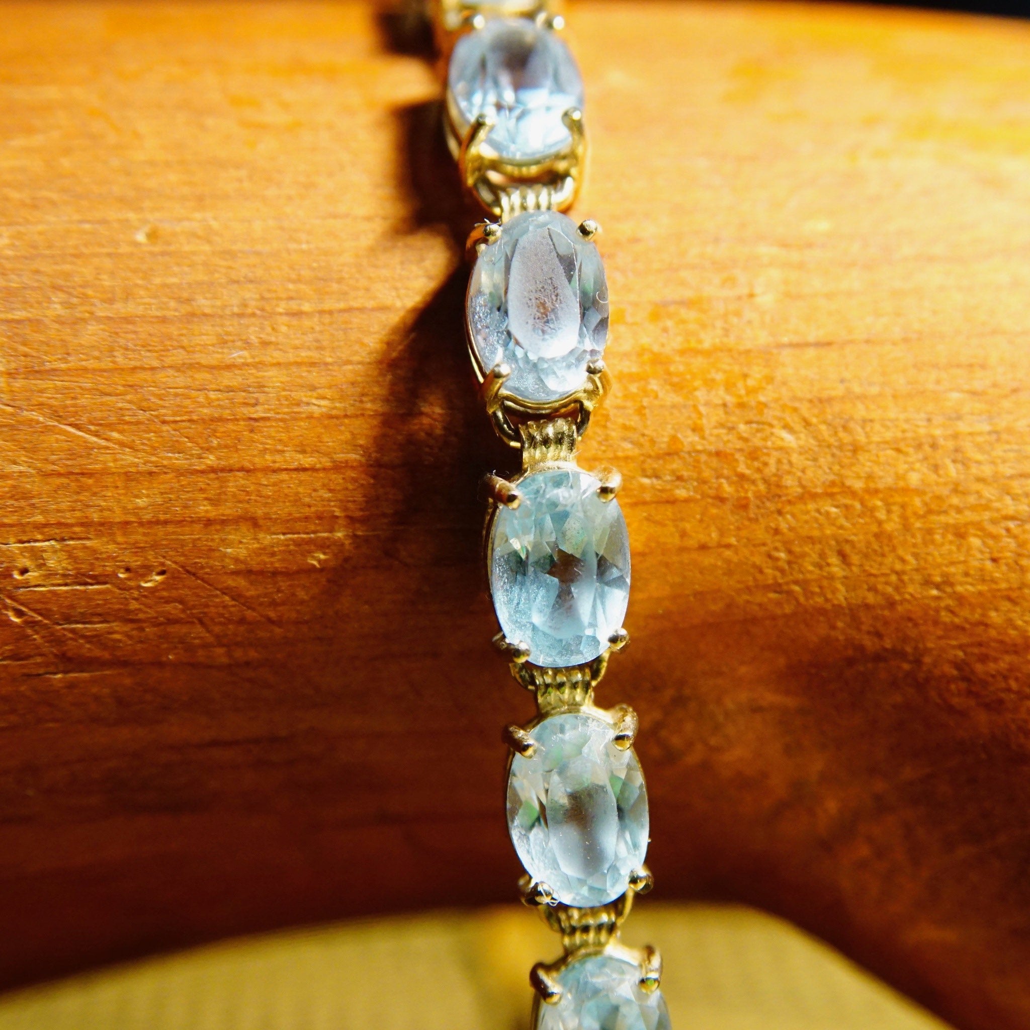 Vintage 14K Gold Aquamarine Link Bracelet, 21 Oval-Cut Gemstones, 585 Yellow Gold & Light Blue Gemstone Tennis Bracelet, 8 1/2" L