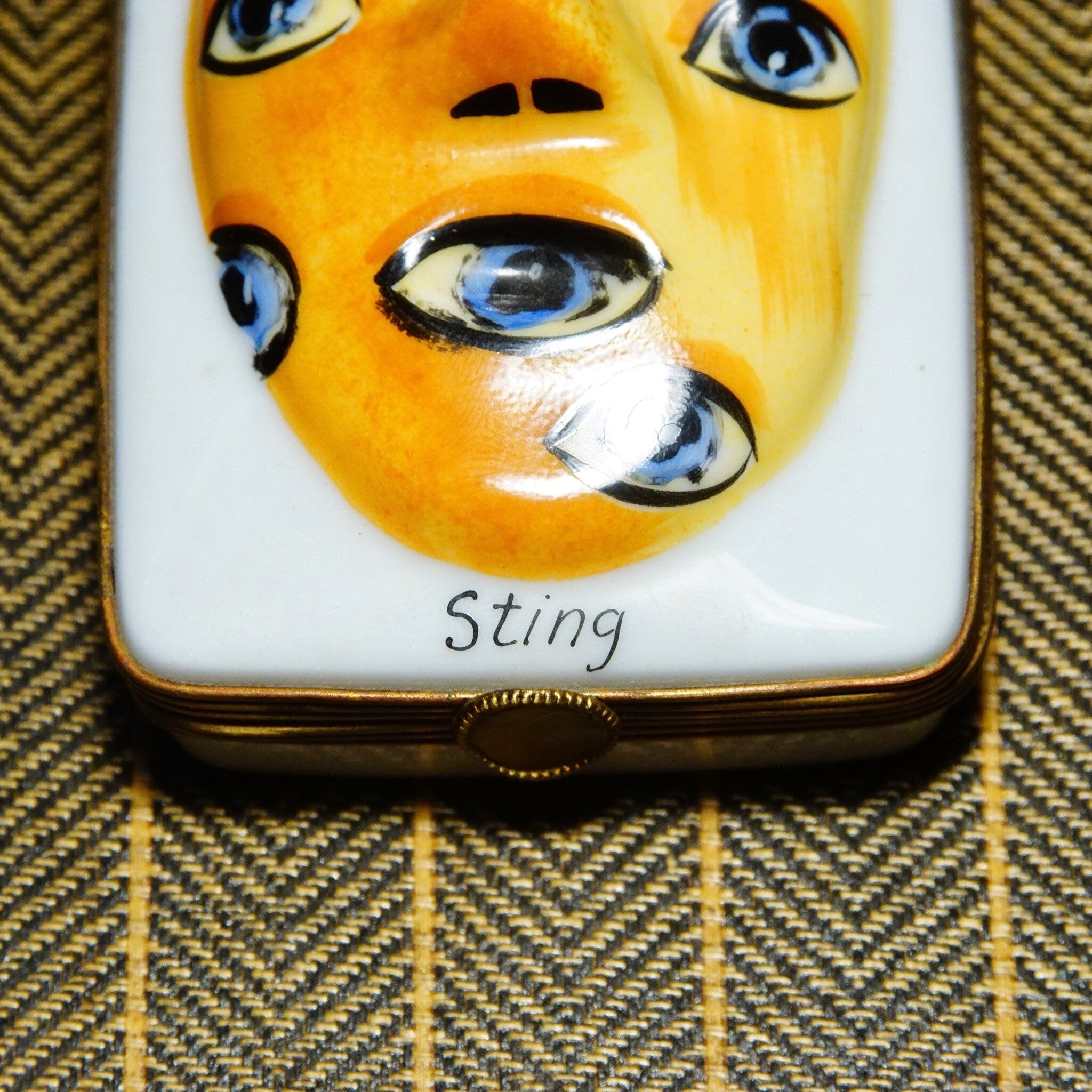 Rare Limited Edition Dubarry France Limoges Porcelain Sting Masks Trinket Box #245, Designed By Sting, Abstract Painted Face, 3 3/4 L