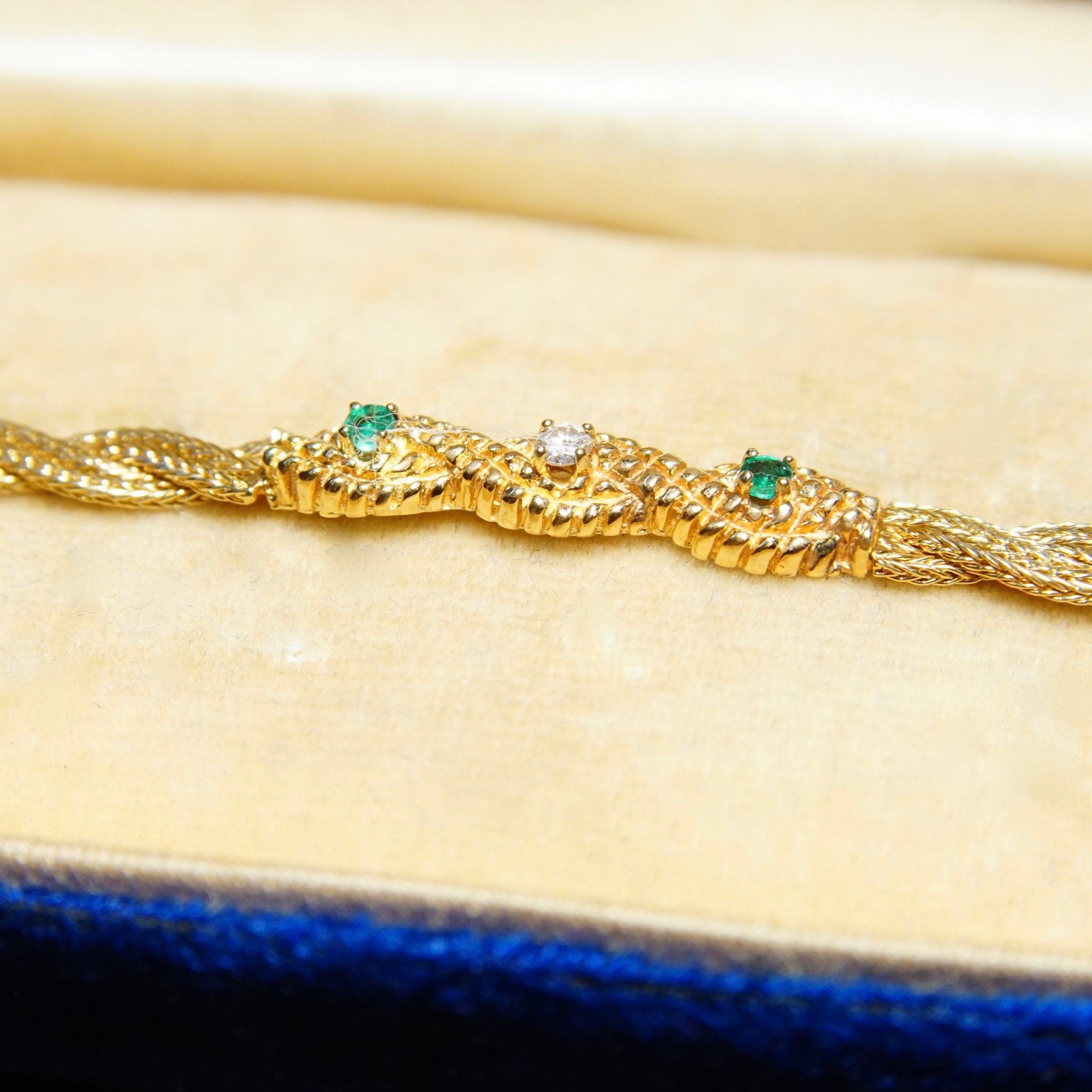 Vintage 14K Yellow Gold Diamond Emerald Bar Bracelet, 4mm Braided Gold Link Chain, .03CT Diamond & Emerald Stones, Elegant 585 Jewelry, 7" L