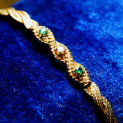 Vintage 14K Yellow Gold Diamond Emerald Bar Bracelet, 4mm Braided Gold Link Chain, .03CT Diamond & Emerald Stones, Elegant 585 Jewelry, 7" L
