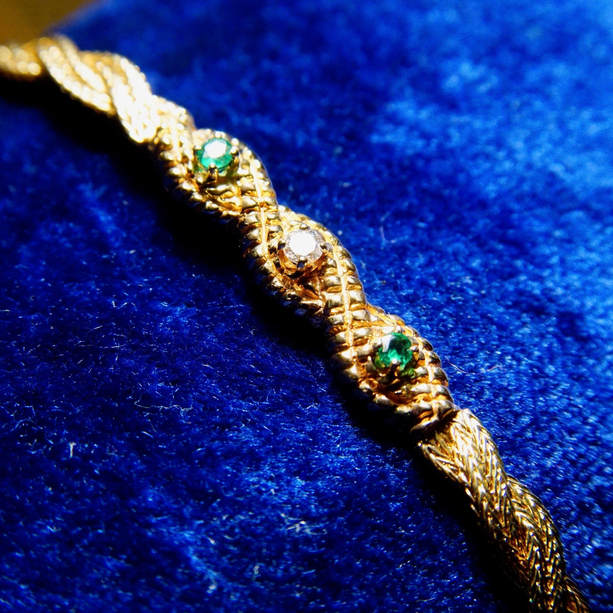 Vintage 14K Yellow Gold Diamond Emerald Bar Bracelet, 4mm Braided Gold Link Chain, .03CT Diamond & Emerald Stones, Elegant 585 Jewelry, 7" L