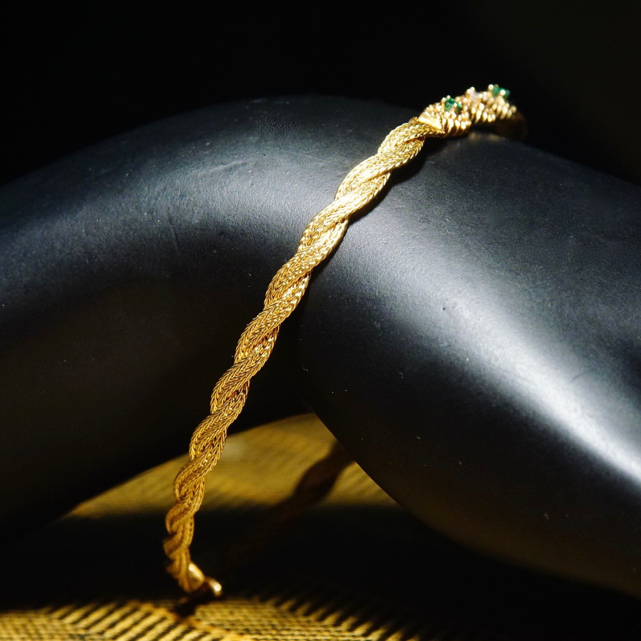 Vintage 14K Yellow Gold Diamond Emerald Bar Bracelet, 4mm Braided Gold Link Chain, .03CT Diamond & Emerald Stones, Elegant 585 Jewelry, 7" L