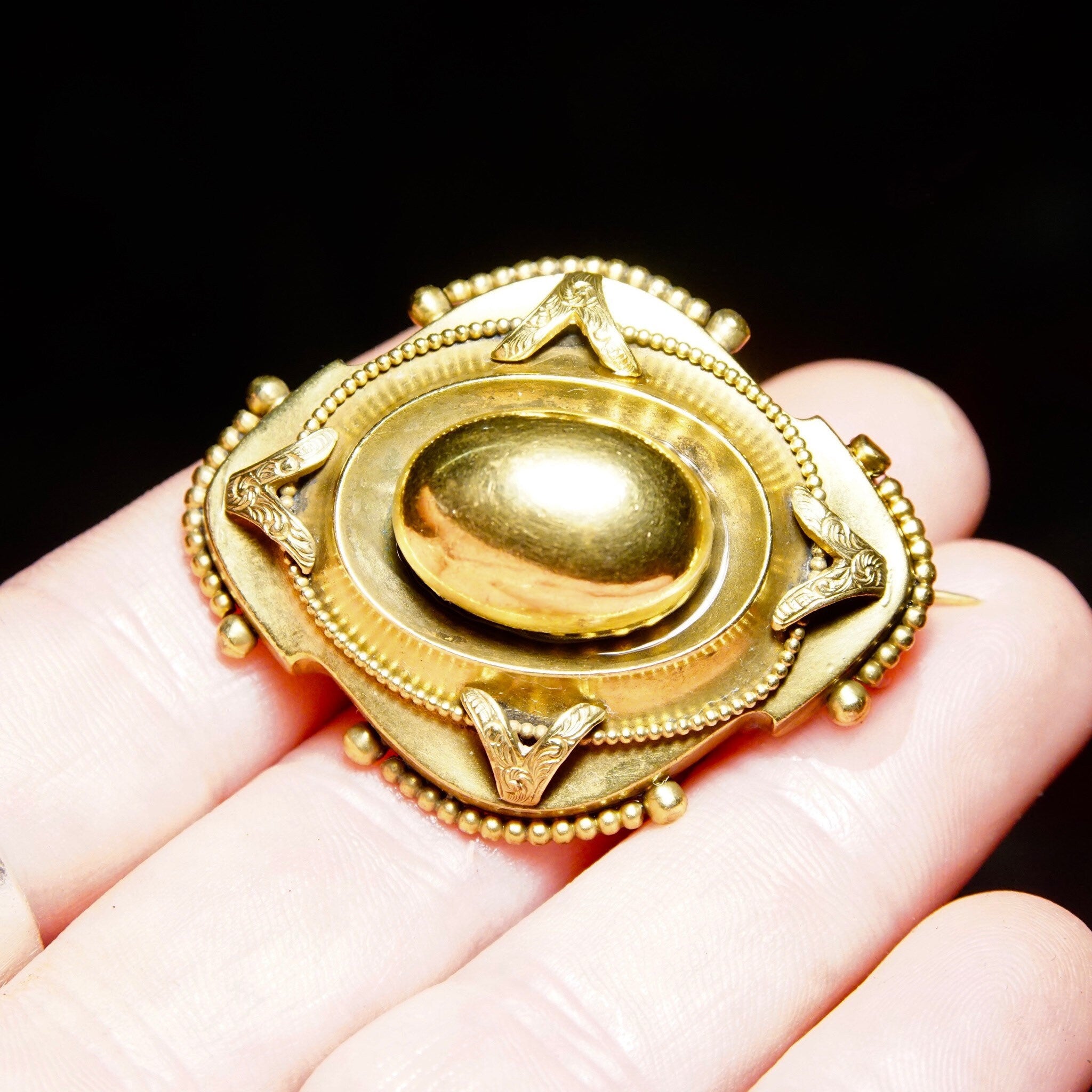 Vintage Ornate Gold Oval Dome Sash Pin, Chunky 3-D Gold Brooch, Intricate Layered Details, Symmetrical Design, 1 3/4" L