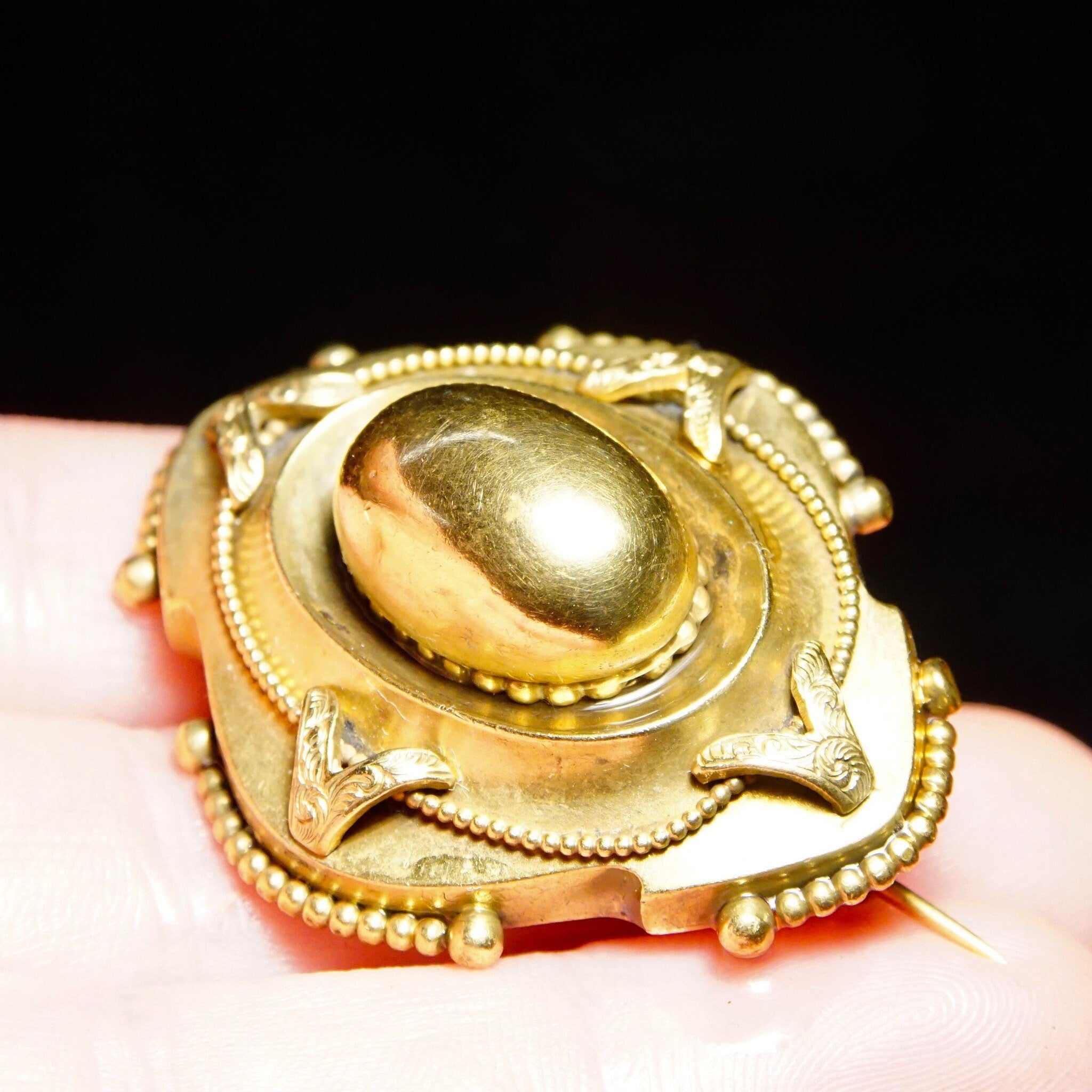 Vintage Ornate Gold Oval Dome Sash Pin, Chunky 3-D Gold Brooch, Intricate Layered Details, Symmetrical Design, 1 3/4" L