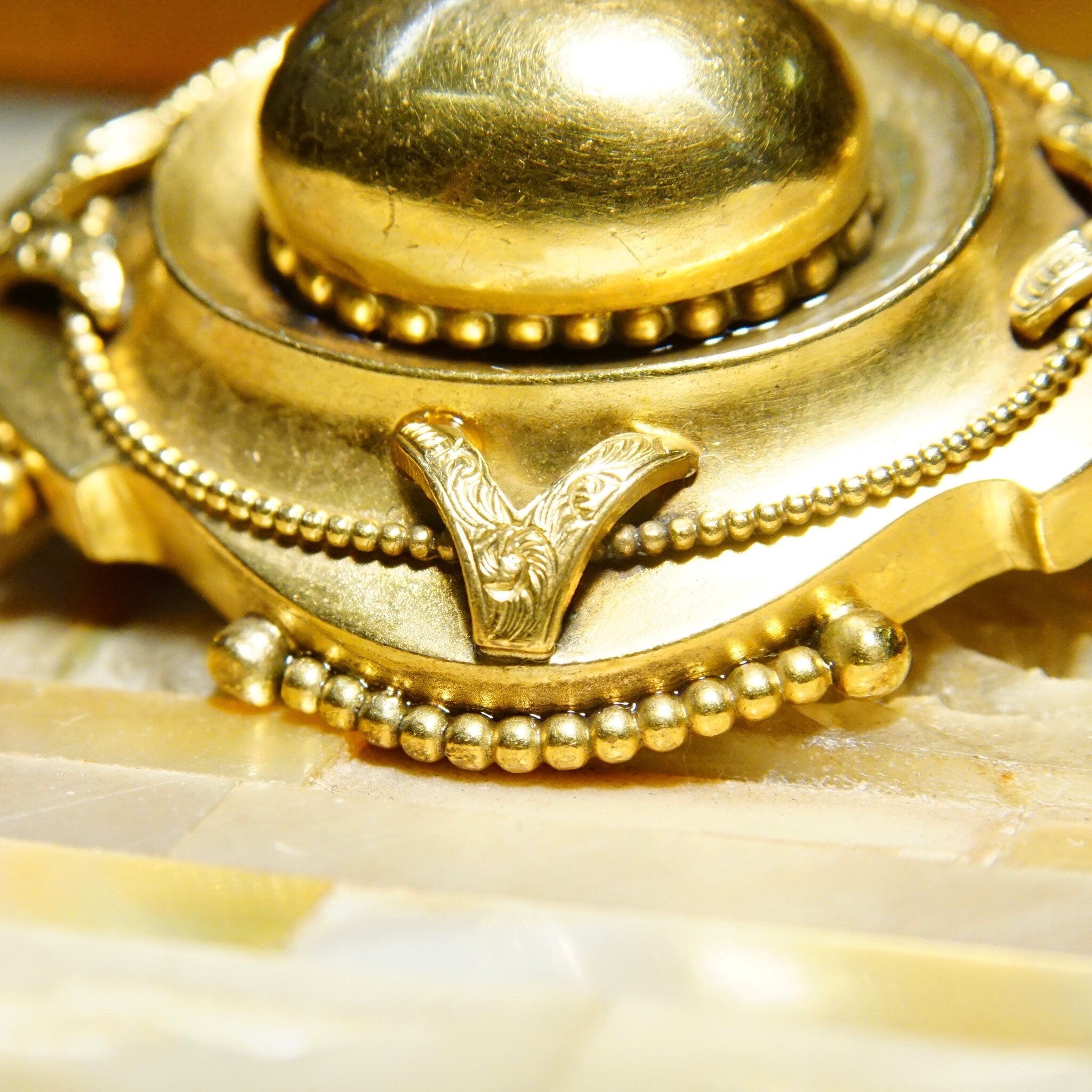 Vintage Ornate Gold Oval Dome Sash Pin, Chunky 3-D Gold Brooch, Intricate Layered Details, Symmetrical Design, 1 3/4" L