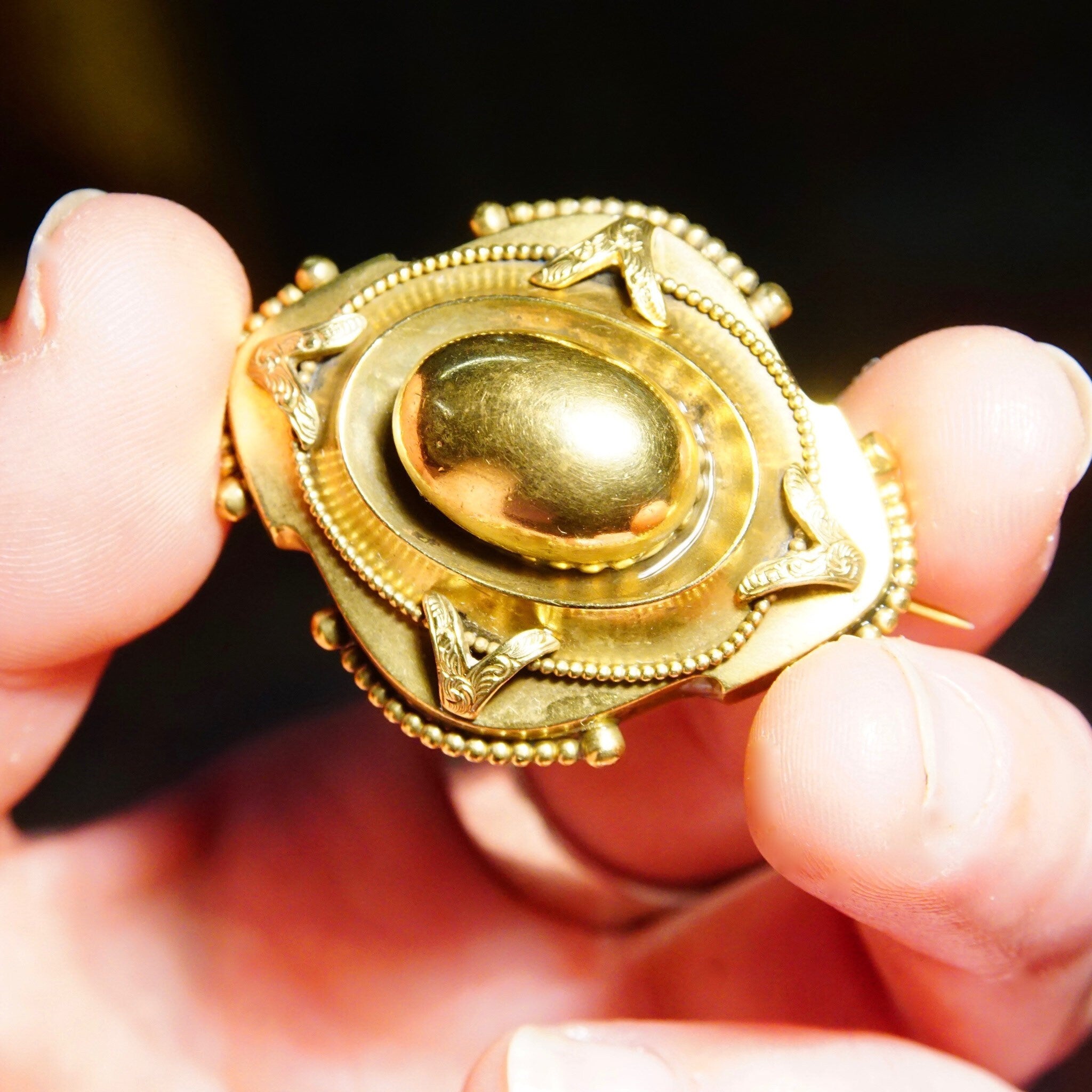 Vintage Ornate Gold Oval Dome Sash Pin, Chunky 3-D Gold Brooch, Intricate Layered Details, Symmetrical Design, 1 3/4" L