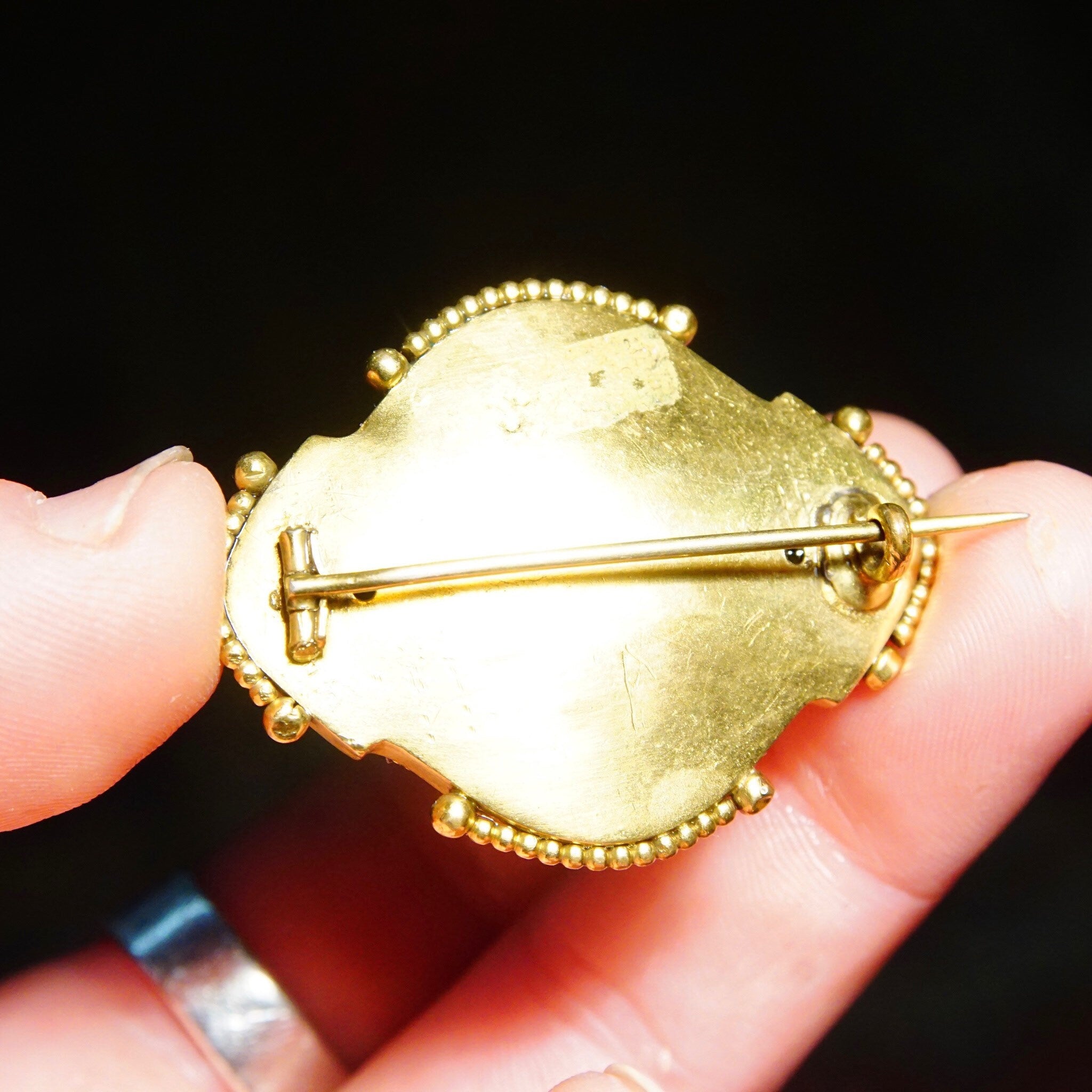 Vintage Ornate Gold Oval Dome Sash Pin, Chunky 3-D Gold Brooch, Intricate Layered Details, Symmetrical Design, 1 3/4" L