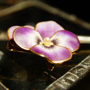 Antique 14K Rose Gold Enamel Pearl Seed Flower Brooch/Pendant, Vibrant Purple & Yellow Pansy Flower, Art Nouveau, Victorian, 1 L