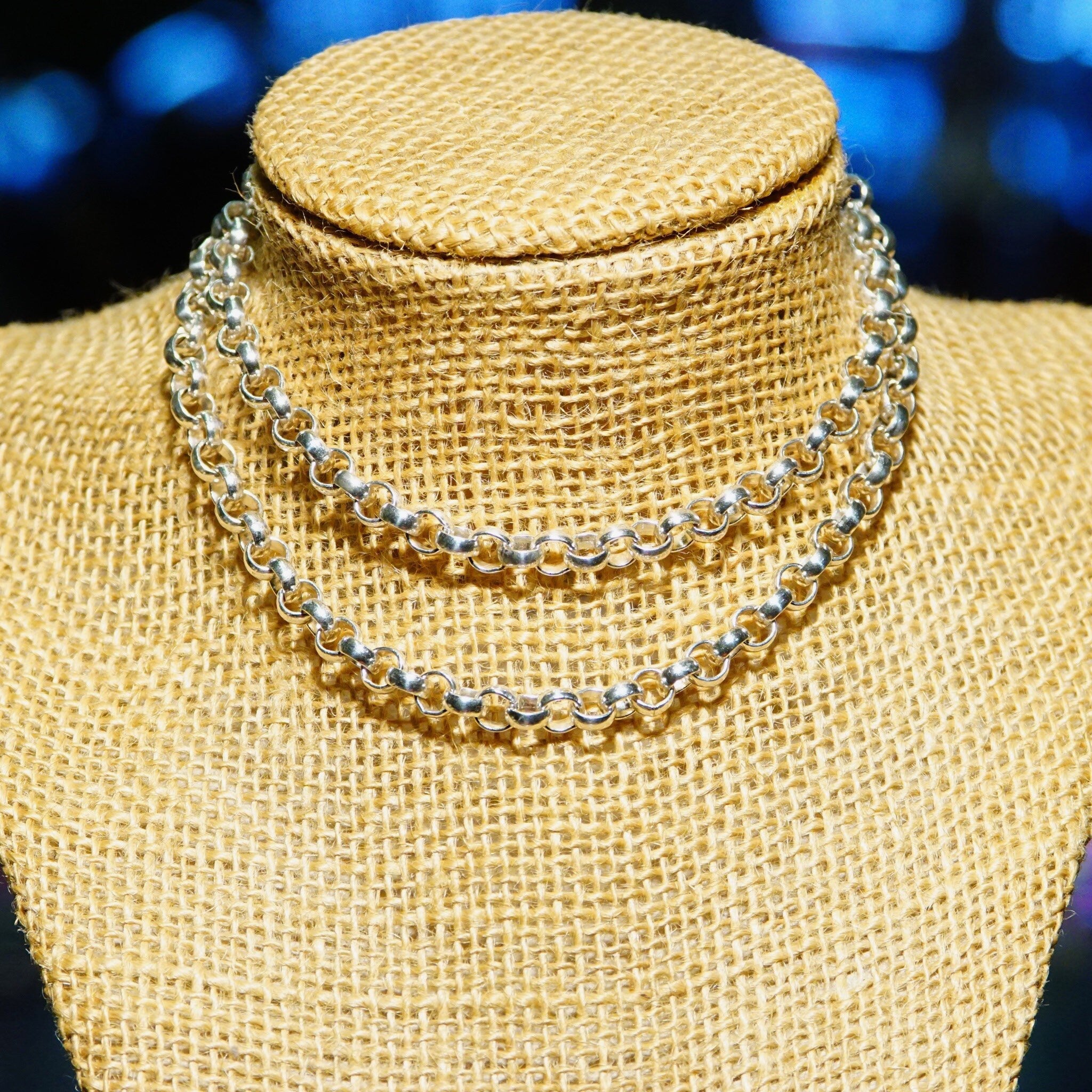 Vintage Sterling Silver Rolo Chain, 1/4 Interlocking Bead Links, Heavy Silver Chain, Long Bead Necklace, Unisex Jewelry, 23 3/4 L