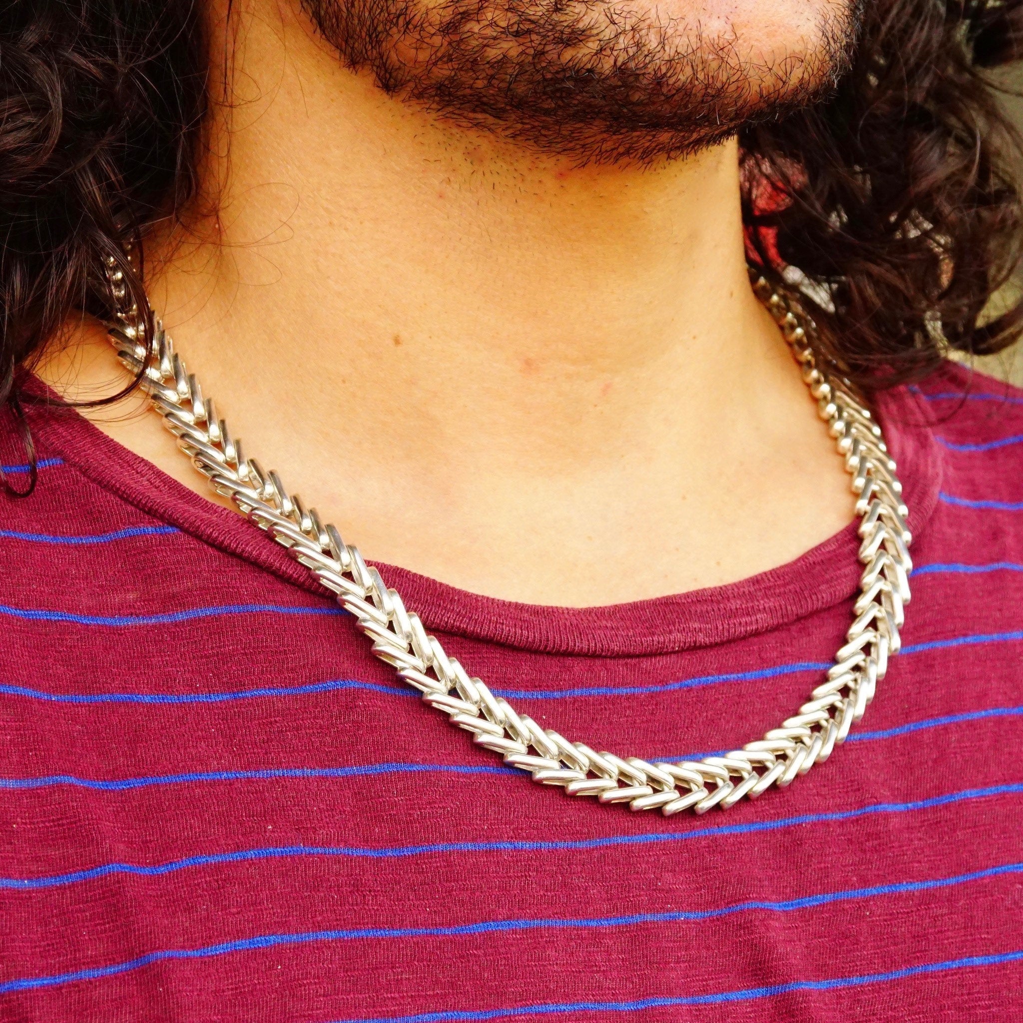 Vintage TAXCO Modernist Heavy Sterling Silver Foxtail Chain, Massive Chain Necklace With Interlocking V-Links, Chunky, Unisex, 24 L