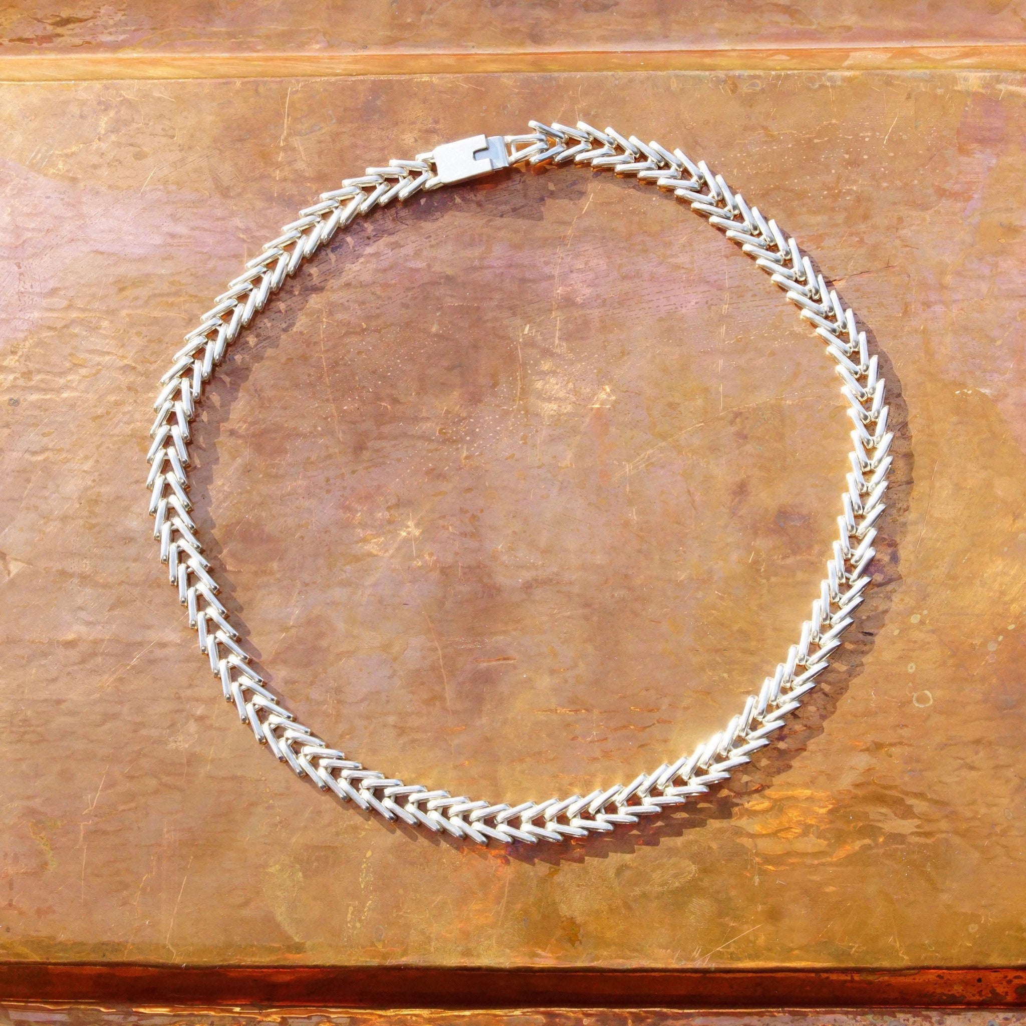 Vintage TAXCO Modernist Heavy Sterling Silver Foxtail Chain, Massive Chain Necklace With Interlocking V-Links, Chunky, Unisex, 24 L
