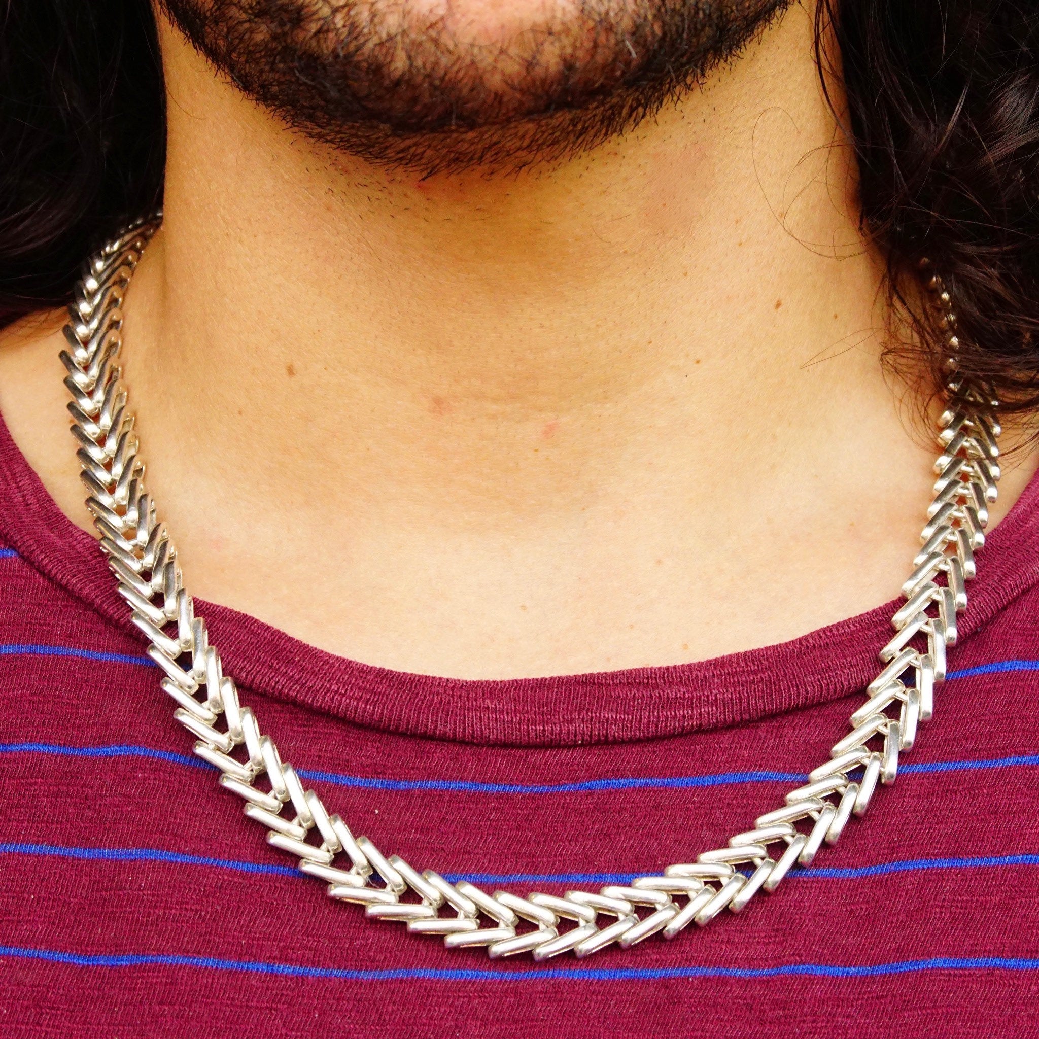 Vintage TAXCO Modernist Heavy Sterling Silver Foxtail Chain, Massive Chain Necklace With Interlocking V-Links, Chunky, Unisex, 24 L