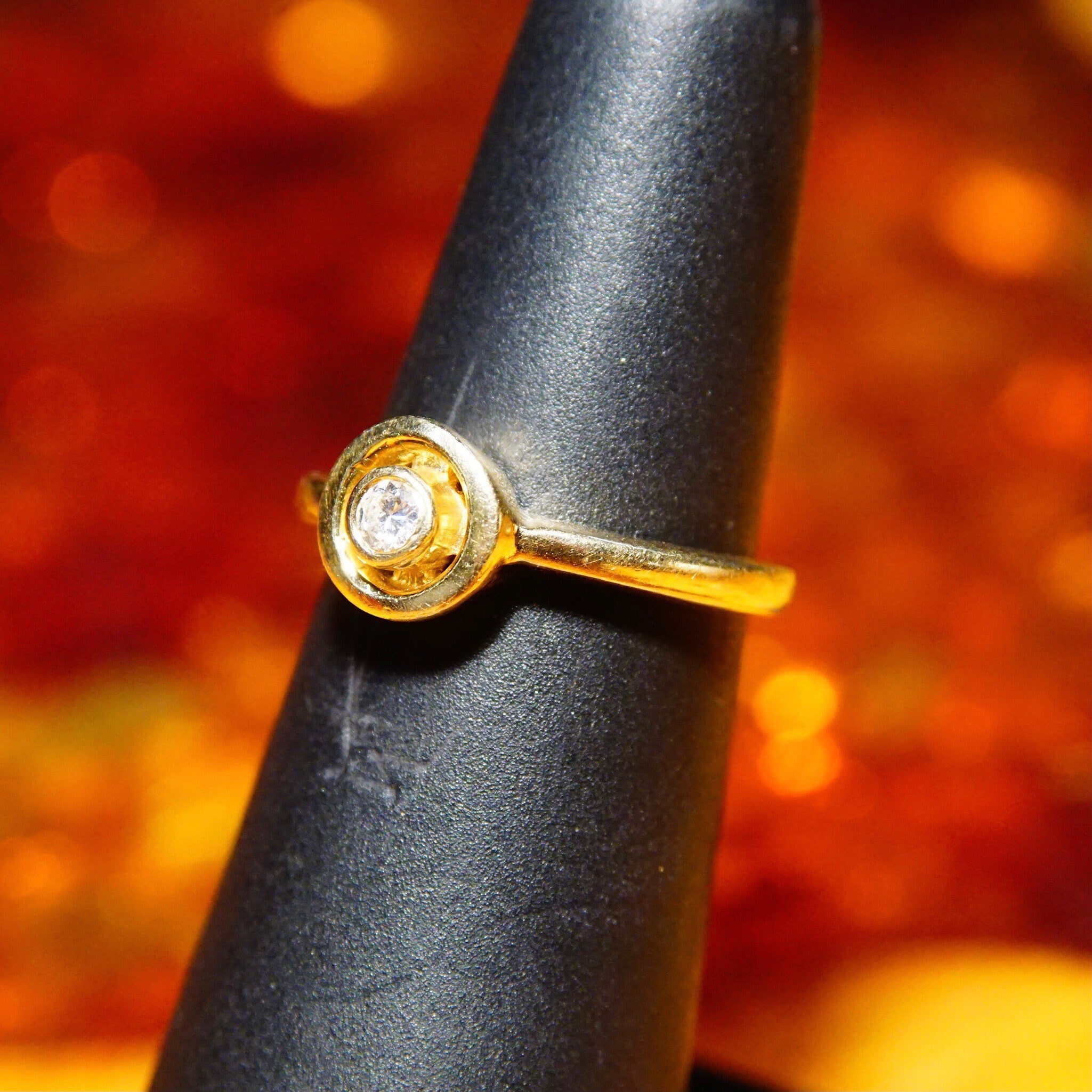 Vintage Minimalist 14K Yellow Gold Diamond Halo Ring, Solitaire Diamond Ring, .125 CT Brilliant Diamond, Stackable Gold Ring, Size 4 3/4 US