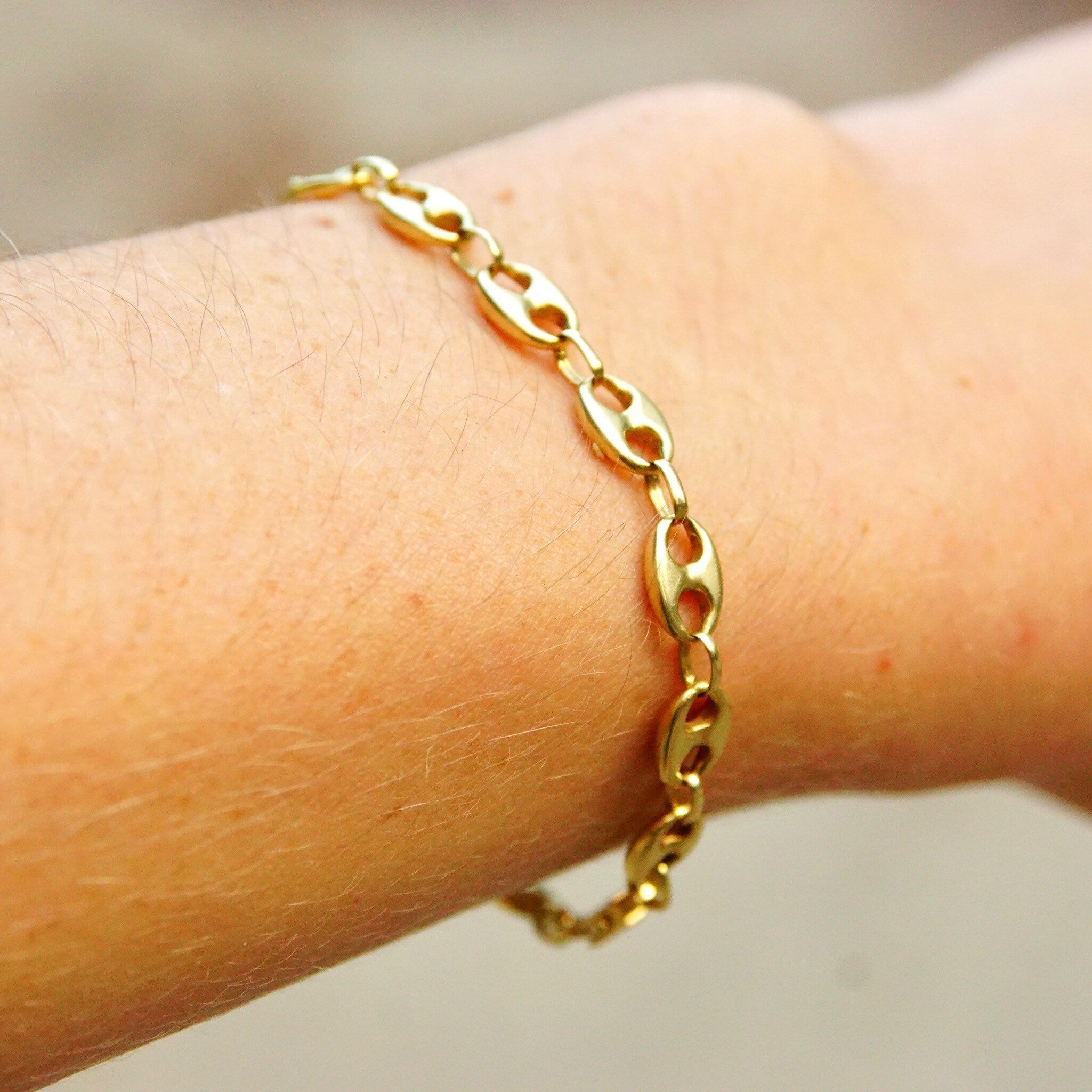 Vintage 14K Yellow Gold Mariner Chain Bracelet, 1/4" Double Loop Links, Modernist Gold Bracelet, 585 Jewelry, 6 3/4" L