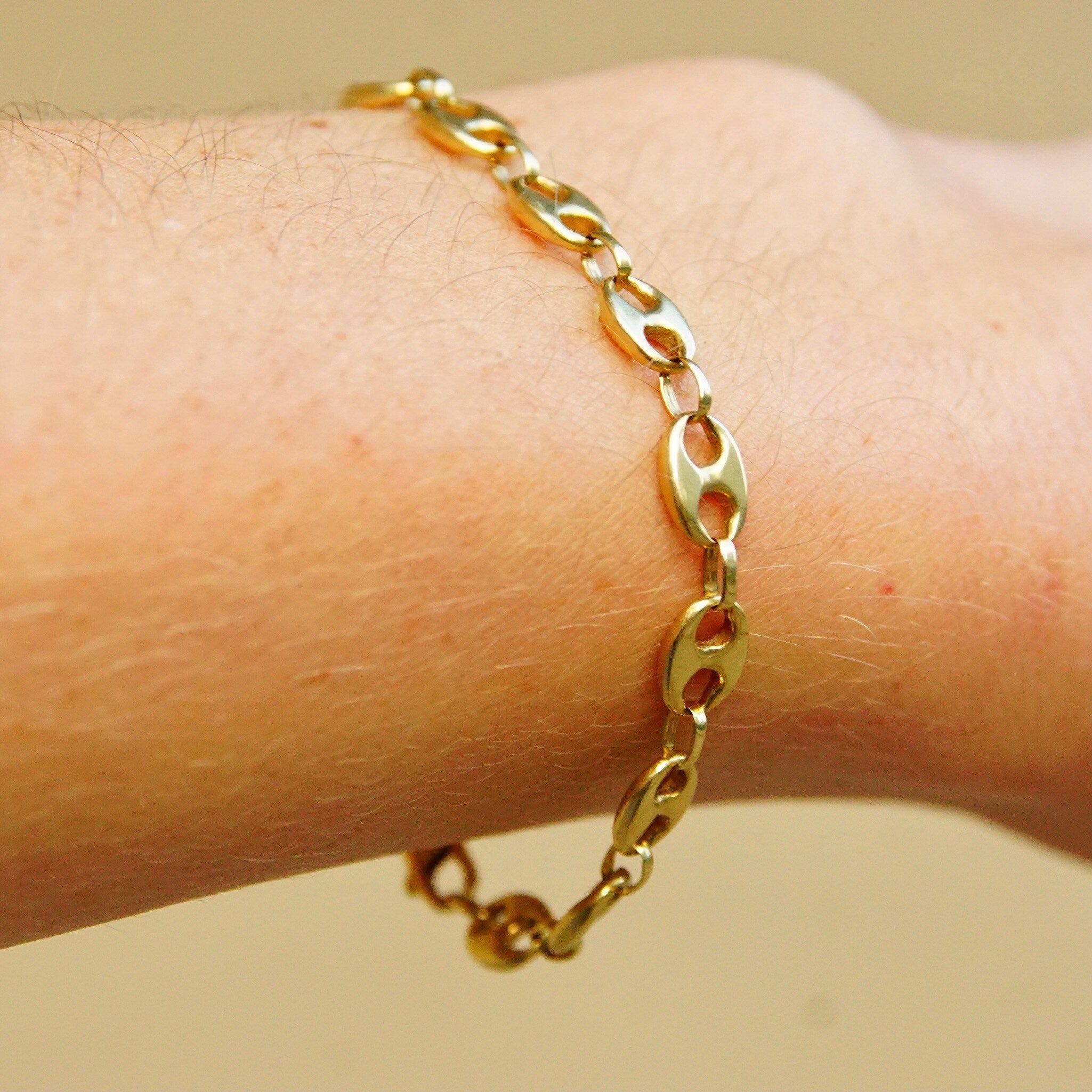 Vintage 14K Yellow Gold Mariner Chain Bracelet, 1/4" Double Loop Links, Modernist Gold Bracelet, 585 Jewelry, 6 3/4" L