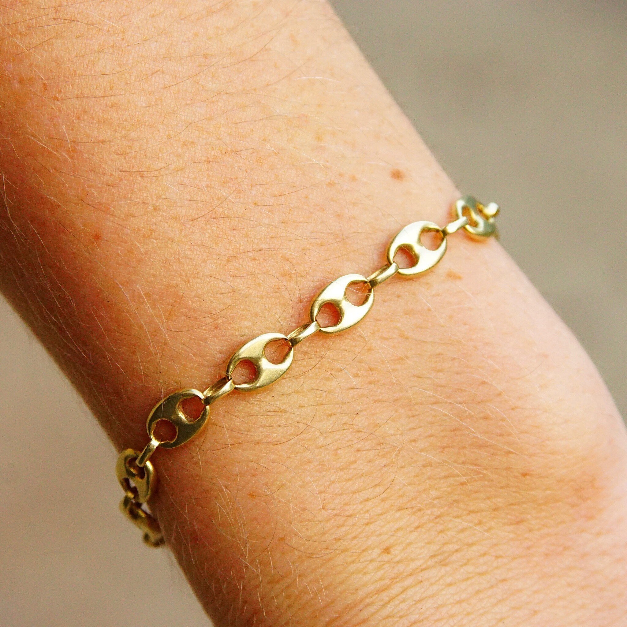 Vintage 14K Yellow Gold Mariner Chain Bracelet, 1/4" Double Loop Links, Modernist Gold Bracelet, 585 Jewelry, 6 3/4" L