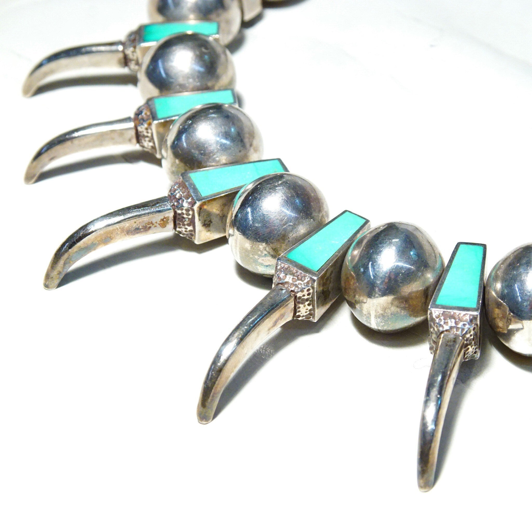 Vintage Native American Sterling Silver Turquoise Bear Claw Necklace, Handmade, Turquoise Inlay, Chunky Beads, Old Pawn Jewelry, 20 1/2"