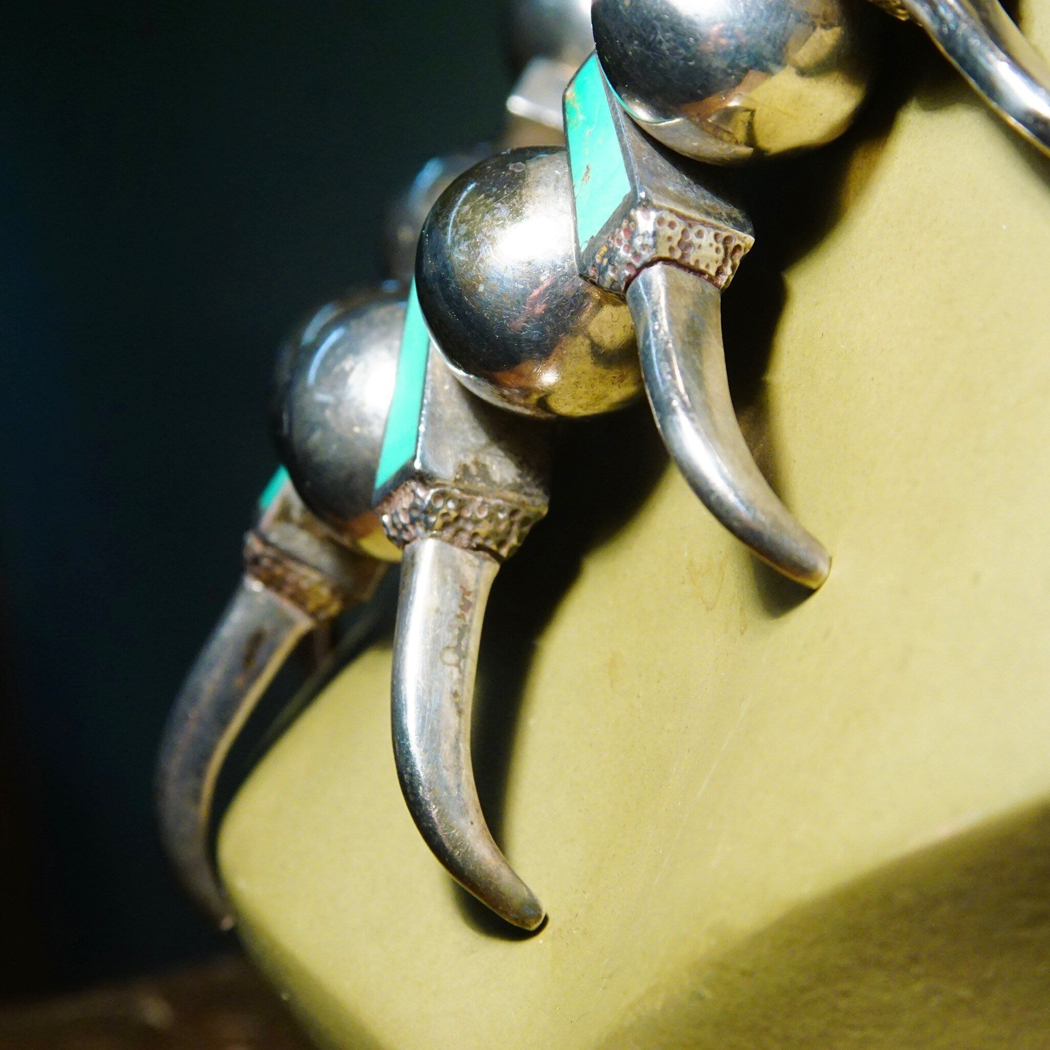 Vintage Native American Sterling Silver Turquoise Bear Claw Necklace, Handmade, Turquoise Inlay, Chunky Beads, Old Pawn Jewelry, 20 1/2"