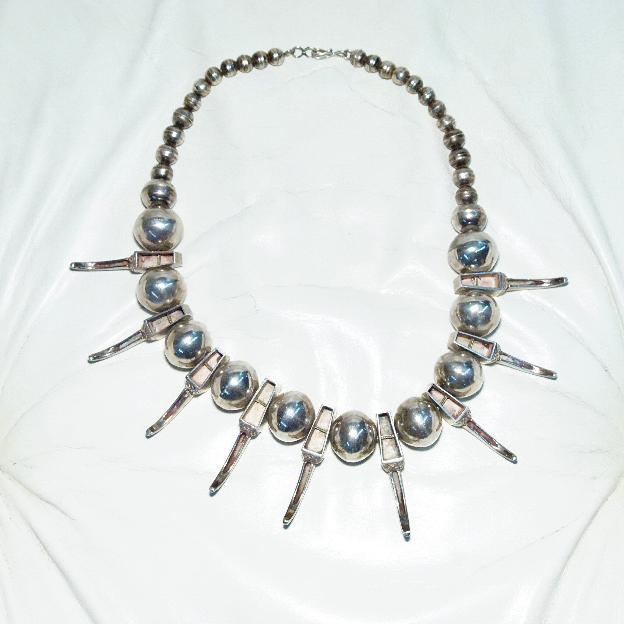Vintage Native American Sterling Silver Turquoise Bear Claw Necklace, Handmade, Turquoise Inlay, Chunky Beads, Old Pawn Jewelry, 20 1/2"
