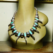 Vintage Native American Sterling Silver Turquoise Bear Claw Necklace, Handmade, Turquoise Inlay, Chunky Beads, Old Pawn Jewelry, 20 1/2"