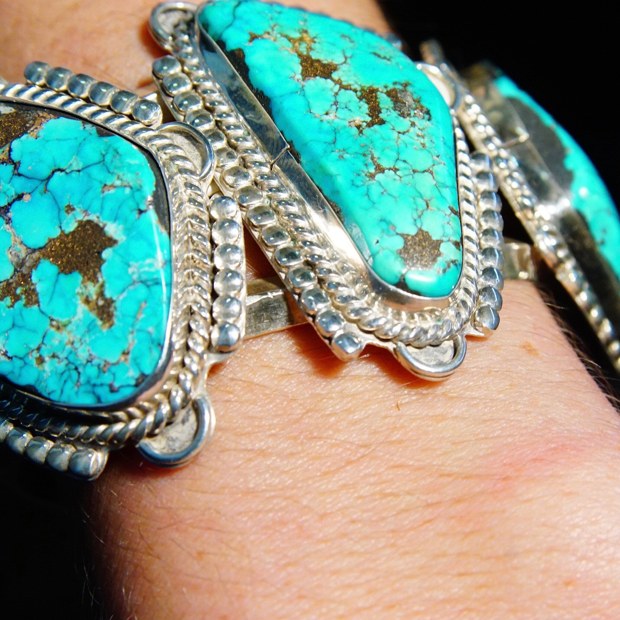 Vintage Signed Native American Three-Stone Turquoise Cuff Bracelet, Chunky Silver Cut With Large Turquoise Stones, Mexico, 5 3/4" L