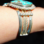 Vintage Signed Native American Three-Stone Turquoise Cuff Bracelet, Chunky Silver Cut With Large Turquoise Stones, Mexico, 5 3/4" L
