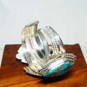 Vintage Signed Native American Three-Stone Turquoise Cuff Bracelet, Chunky Silver Cut With Large Turquoise Stones, Mexico, 5 3/4" L