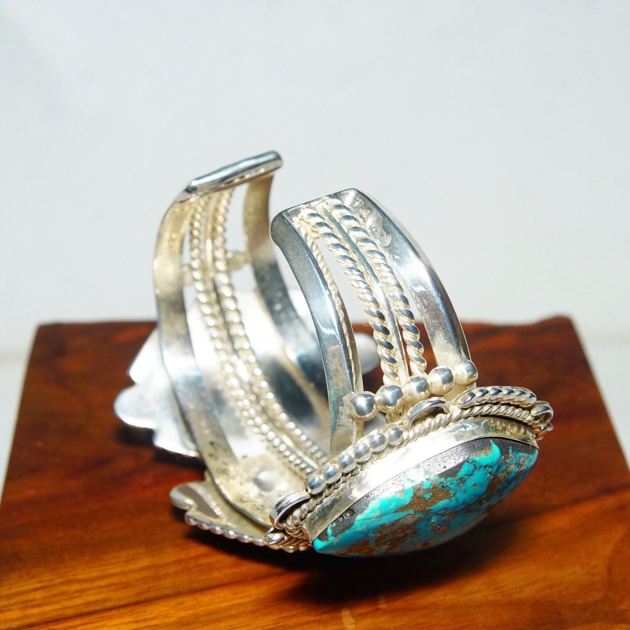 Vintage Signed Native American Three-Stone Turquoise Cuff Bracelet, Chunky Silver Cut With Large Turquoise Stones, Mexico, 5 3/4" L