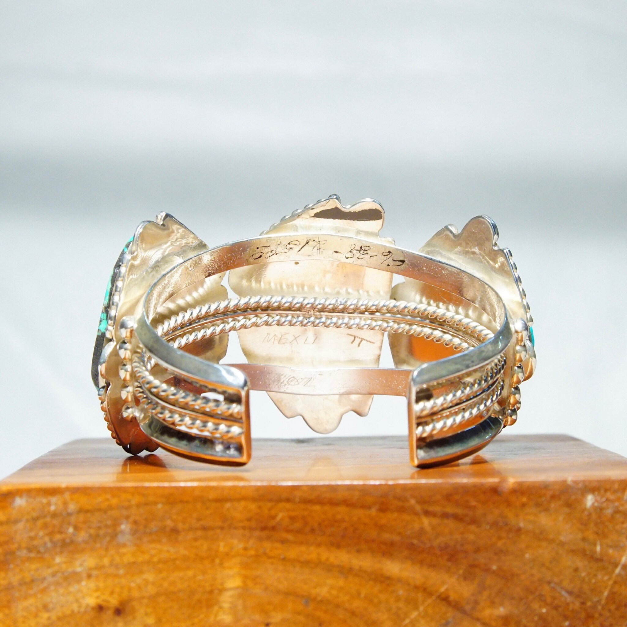 Vintage Signed Native American Three-Stone Turquoise Cuff Bracelet, Chunky Silver Cut With Large Turquoise Stones, Mexico, 5 3/4" L