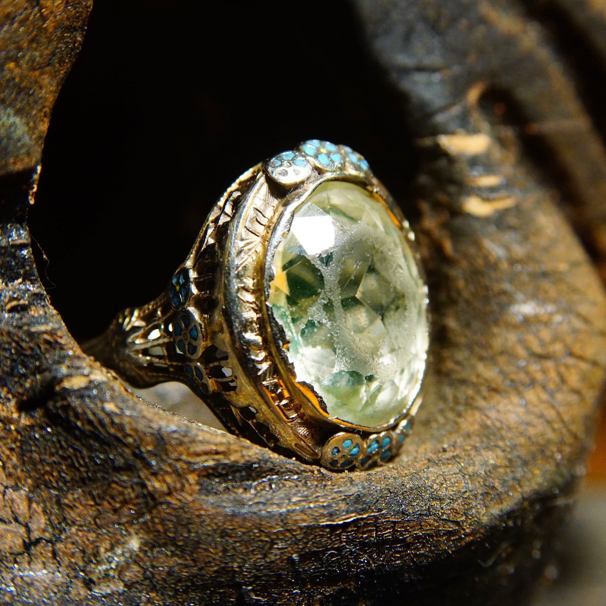 Antique Art Deco 14K White Gold Filigree Enamel Peridot Ring, Faceted Light Green Gemstone, Blue Enamel Flower Details, 585 Ring, Size 5 US