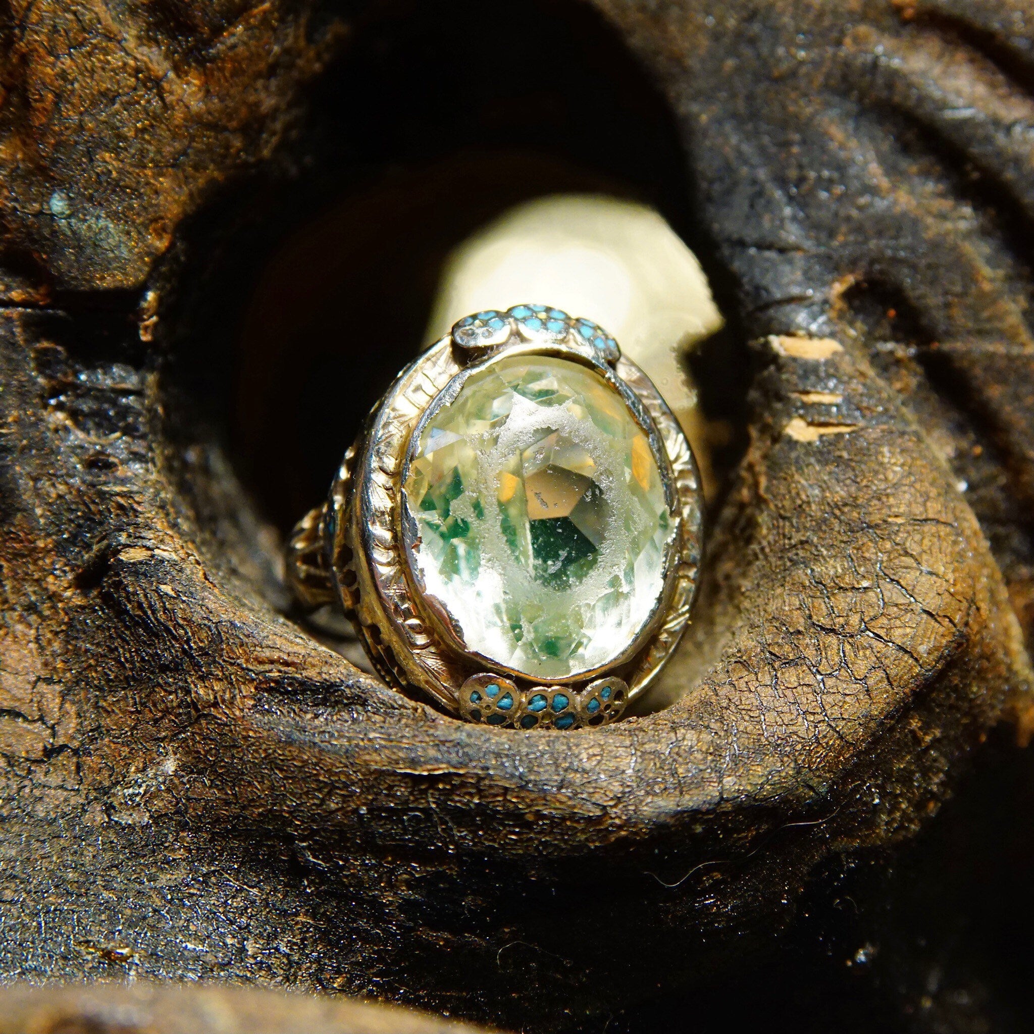 Antique Art Deco 14K White Gold Filigree Enamel Peridot Ring, Faceted Light Green Gemstone, Blue Enamel Flower Details, 585 Ring, Size 5 US