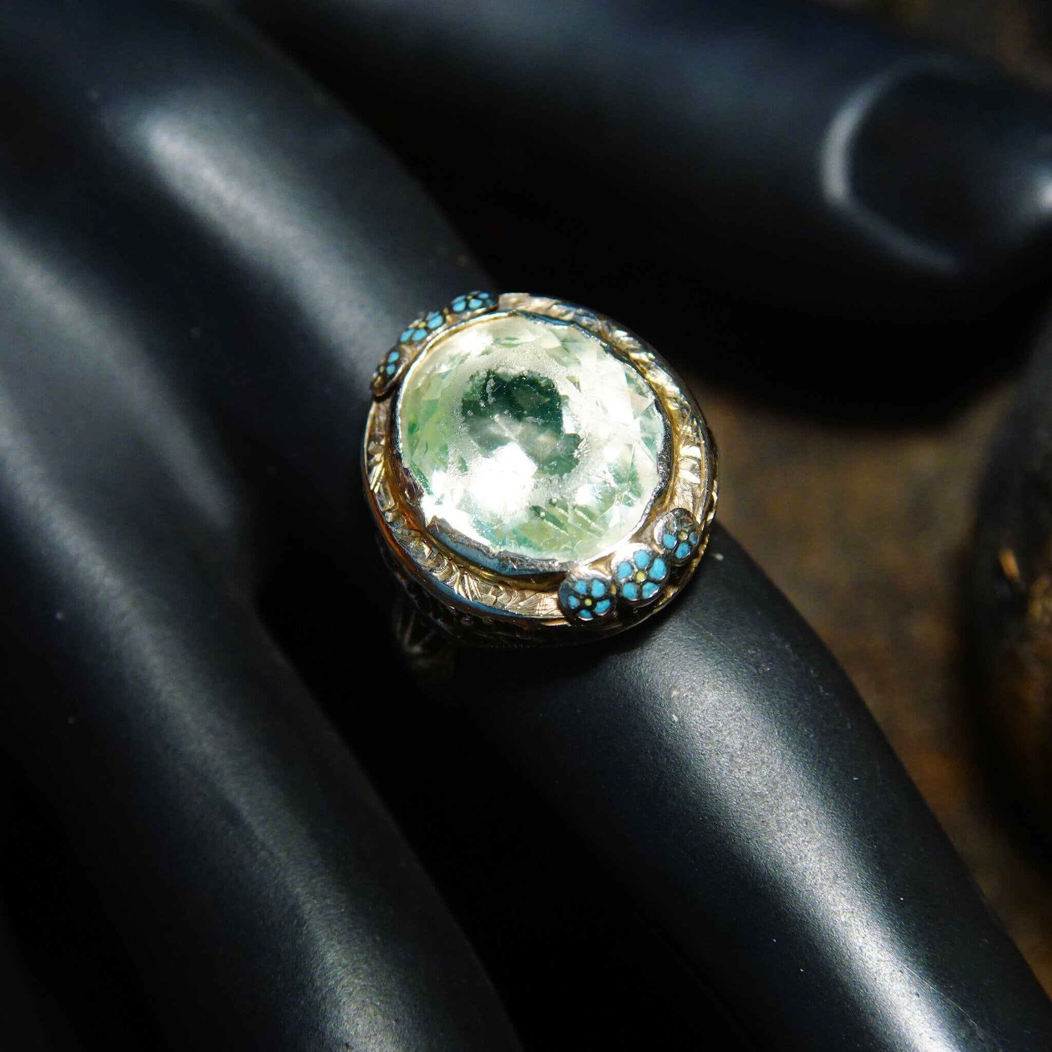 Antique Art Deco 14K White Gold Filigree Enamel Peridot Ring, Faceted Light Green Gemstone, Blue Enamel Flower Details, 585 Ring, Size 5 US