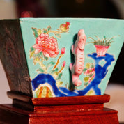 Antique Daoguang Chinese Decorative Porcelain Bowl With Wood Pedestal, Chinese Dragon & Floral Designs, Light Blue Enamel, 4 3/8