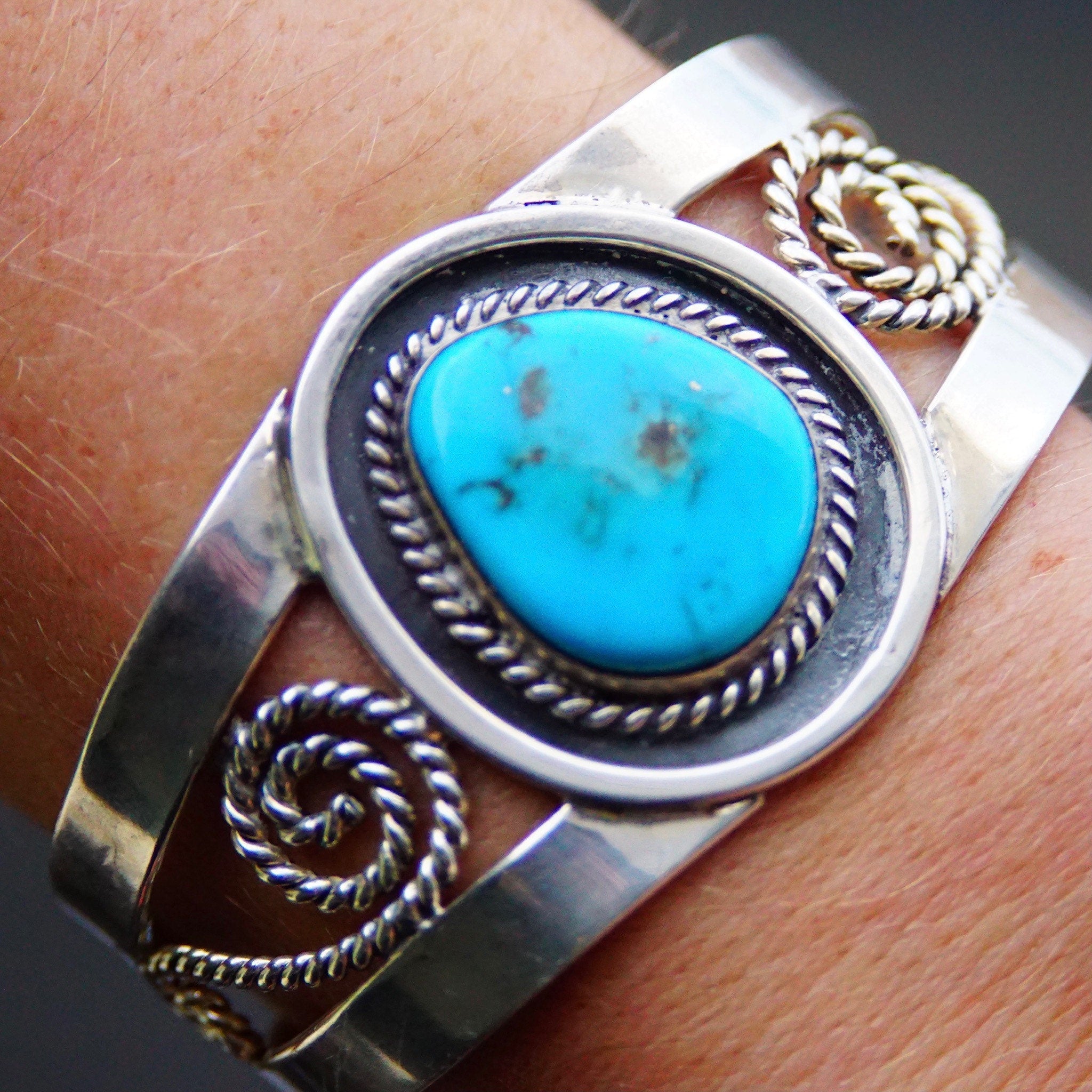 Vintage Sterling Silver Turquoise Cuff Bracelet, Woven Silver Wire Cuff, Bright Blue Turquoise Stone, Southwestern Style, MEX 925, 5 3/4" L