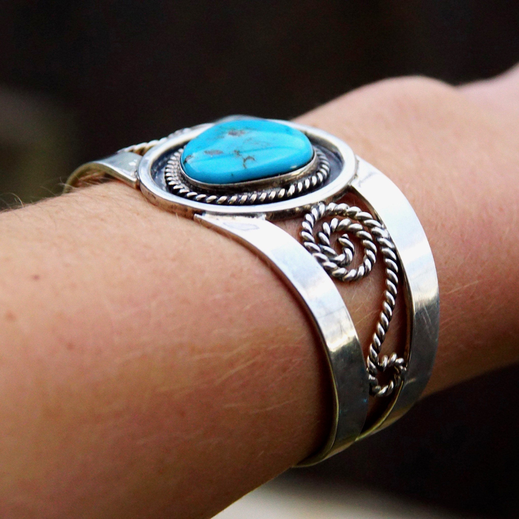 Vintage Sterling Silver Turquoise Cuff Bracelet, Woven Silver Wire Cuff, Bright Blue Turquoise Stone, Southwestern Style, MEX 925, 5 3/4" L