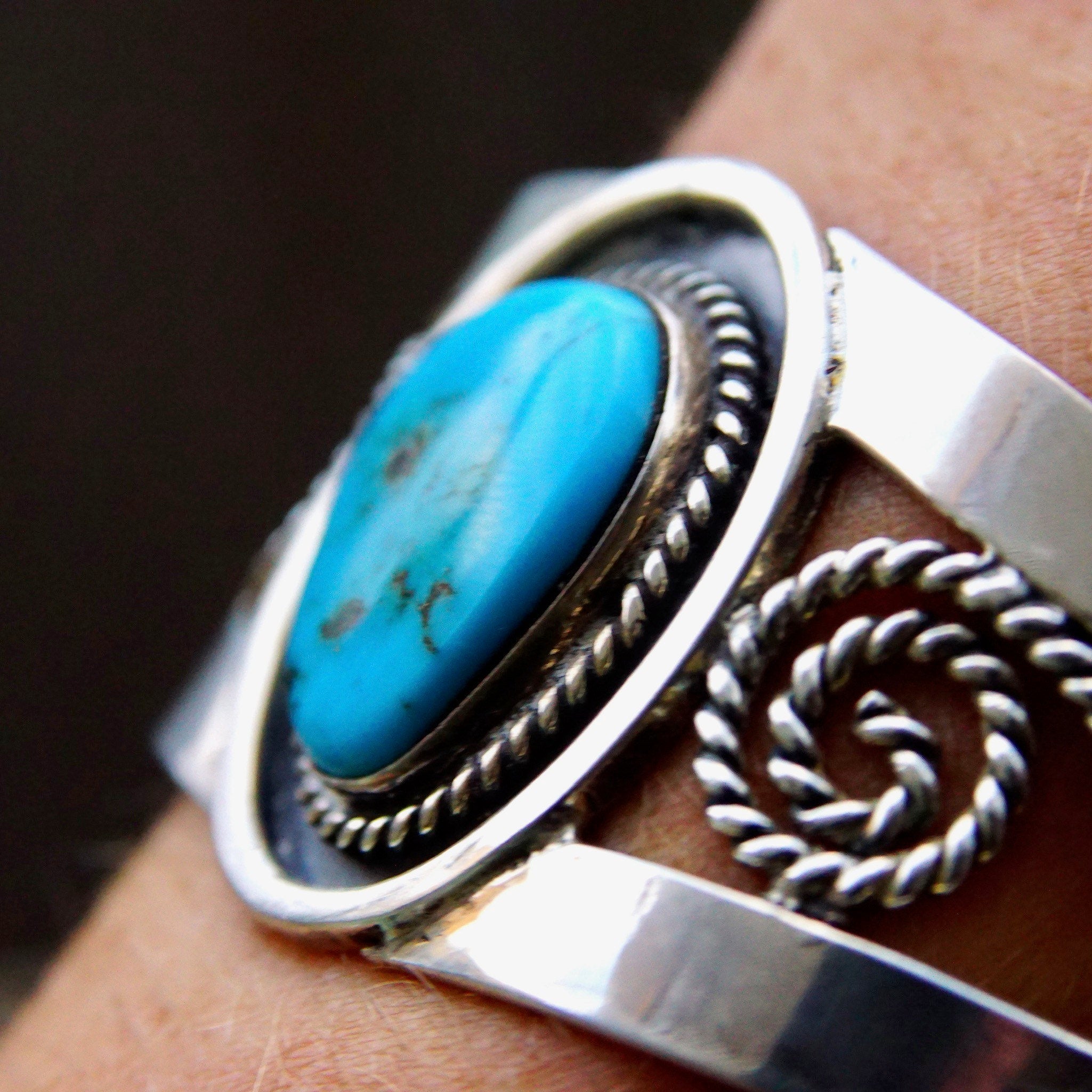 Vintage Sterling Silver Turquoise Cuff Bracelet, Woven Silver Wire Cuff, Bright Blue Turquoise Stone, Southwestern Style, MEX 925, 5 3/4" L