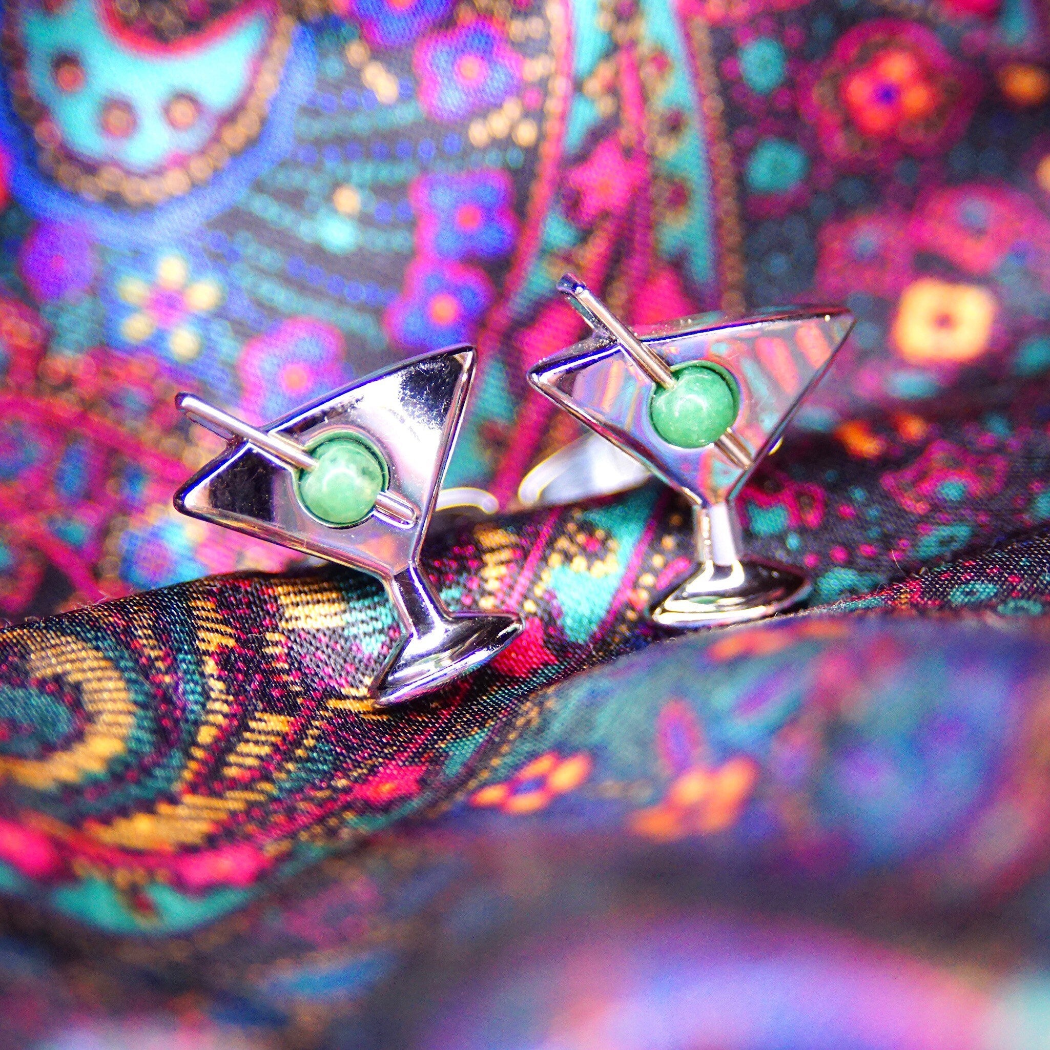 Vintage Dolan Bullock Sterling Silver 14K Jade Olive Cufflinks, Cocktail Glass Cuff Face, Yellow Gold Cocktail Spear, Green Gemstone, 3/4" L
