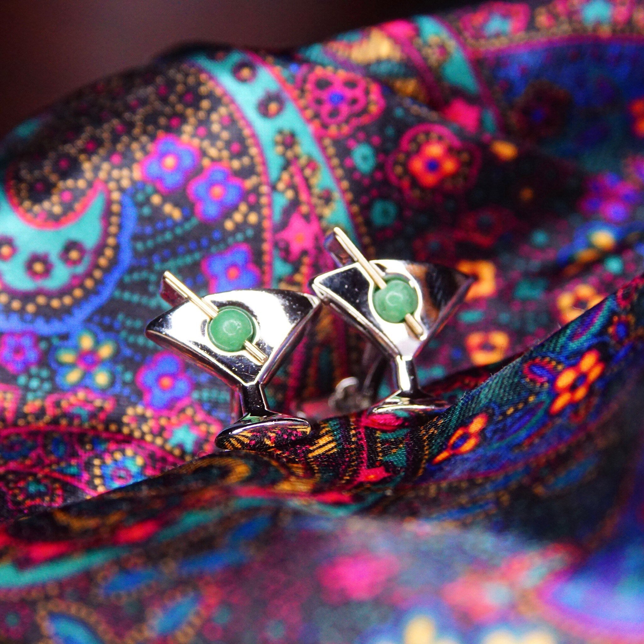 Vintage Dolan Bullock Sterling Silver 14K Jade Olive Cufflinks, Cocktail Glass Cuff Face, Yellow Gold Cocktail Spear, Green Gemstone, 3/4" L