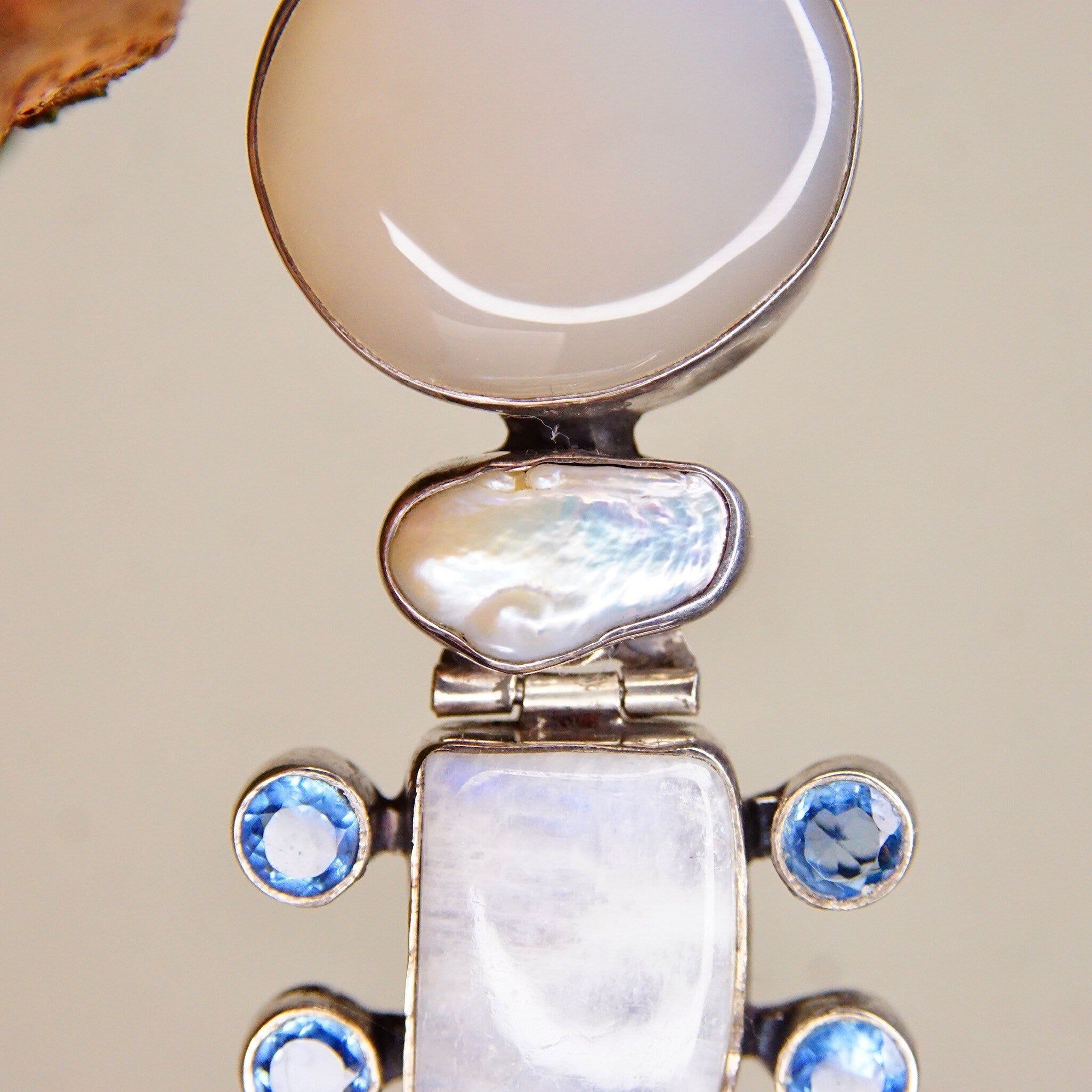 Vintage Abstract Modernist Hinged Sterling Silver Multi-Gemstone Pendant, Moonstone, Mother Of Pearl, Quartz, Purple/Blue Gems, 3 1/8 L