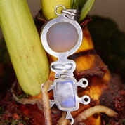Vintage Abstract Modernist Hinged Sterling Silver Multi-Gemstone Pendant, Moonstone, Mother Of Pearl, Quartz, Purple/Blue Gems, 3 1/8 L