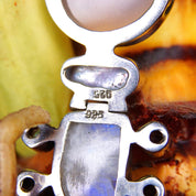 Vintage Abstract Modernist Hinged Sterling Silver Multi-Gemstone Pendant, Moonstone, Mother Of Pearl, Quartz, Purple/Blue Gems, 3 1/8 L