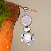 Vintage Abstract Modernist Hinged Sterling Silver Multi-Gemstone Pendant, Moonstone, Mother Of Pearl, Quartz, Purple/Blue Gems, 3 1/8 L