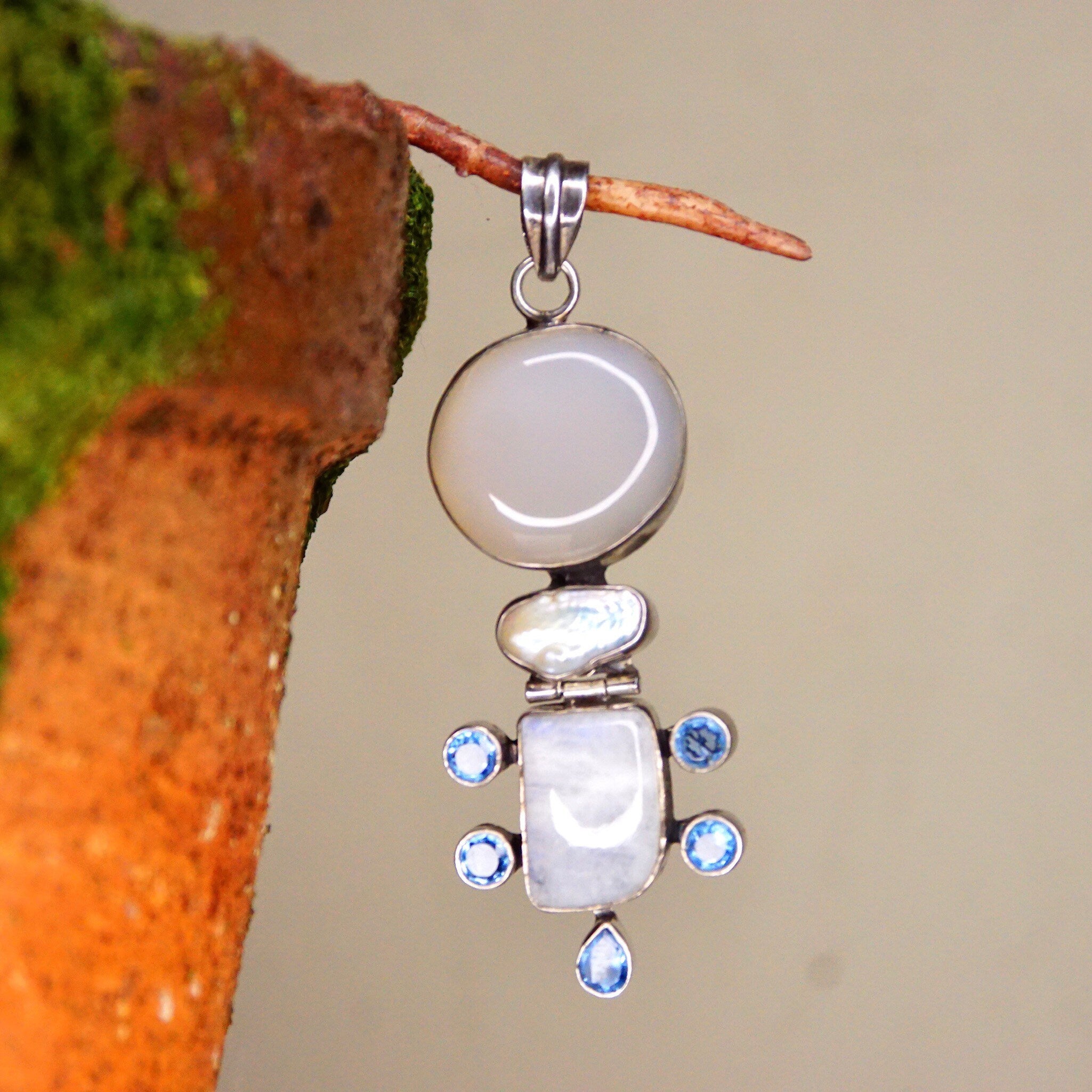 Vintage Abstract Modernist Hinged Sterling Silver Multi-Gemstone Pendant, Moonstone, Mother Of Pearl, Quartz, Purple/Blue Gems, 3 1/8 L