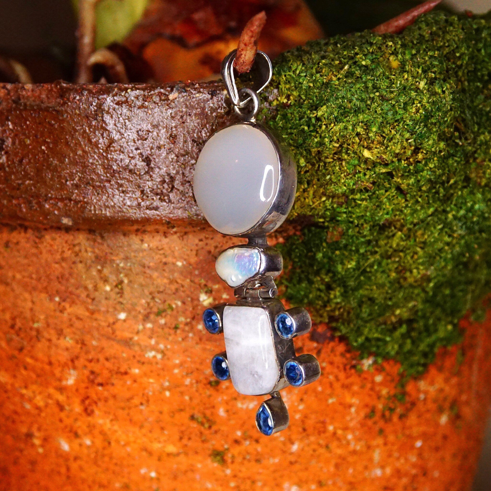 Vintage Abstract Modernist Hinged Sterling Silver Multi-Gemstone Pendant, Moonstone, Mother Of Pearl, Quartz, Purple/Blue Gems, 3 1/8 L