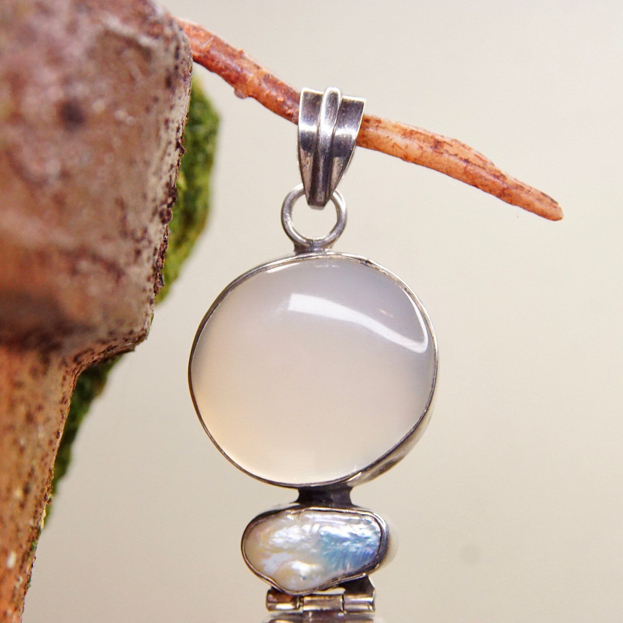Vintage Abstract Modernist Hinged Sterling Silver Multi-Gemstone Pendant, Moonstone, Mother Of Pearl, Quartz, Purple/Blue Gems, 3 1/8 L