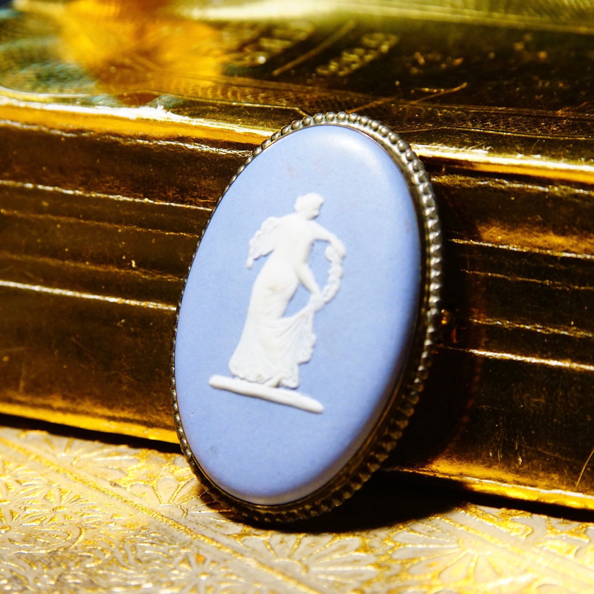 Vintage Wedgwood Blue Jasperware Sterling Silver Cameo Brooch P68, Winged Diaphanous Greek Goddess, Unglazed Stoneware, Made In England