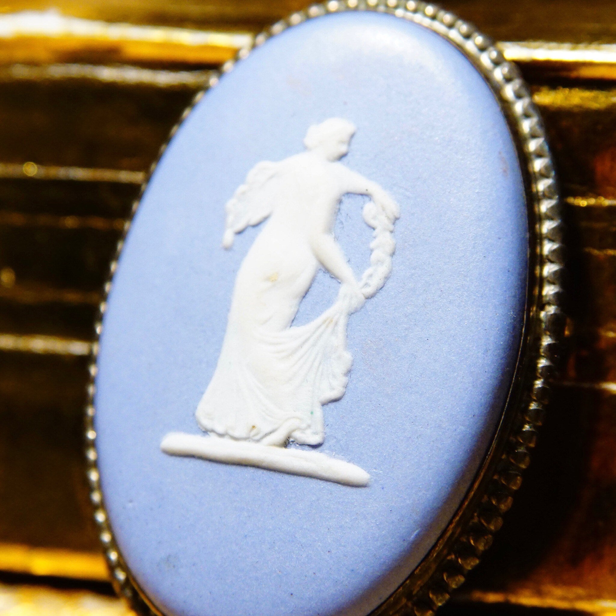 Vintage Wedgwood Blue Jasperware Sterling Silver Cameo Brooch P68, Winged Diaphanous Greek Goddess, Unglazed Stoneware, Made In England