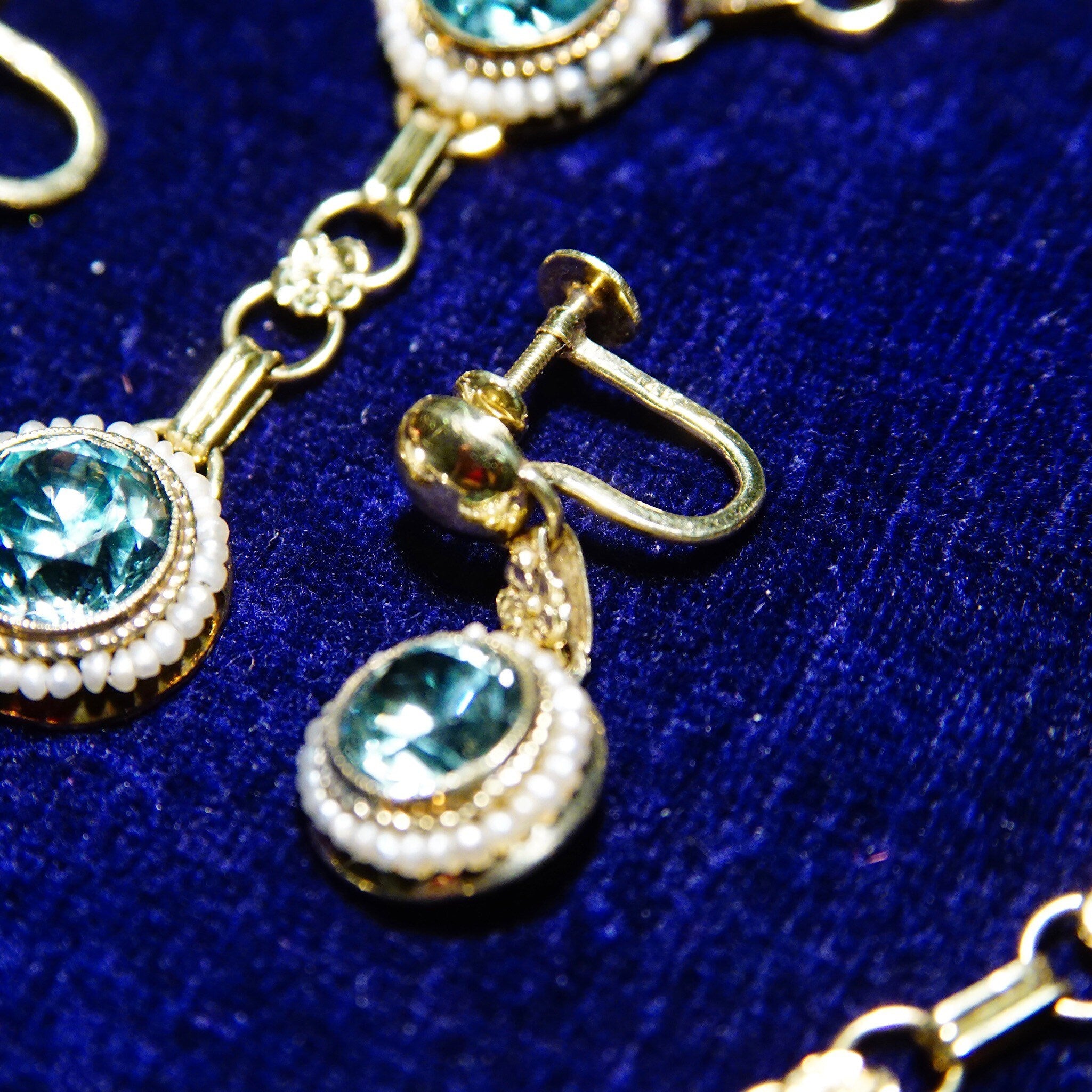Vintage 14K Gold Aquamarine Pearl Seed Jewelry Set, Brilliant Blue Stones, Matching Y-Pendant Necklace Bracelet Screw Back Earrings & Brooch