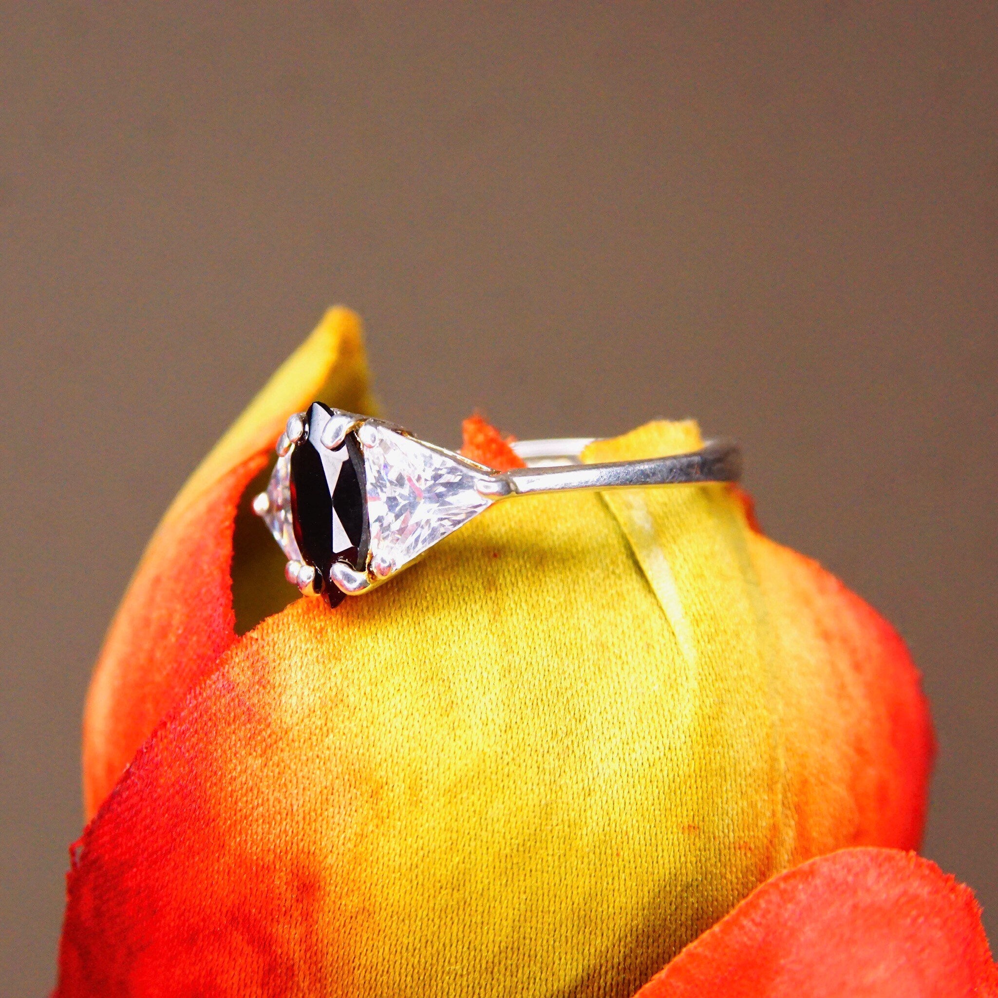 Vintage Sterling Silver Marquise Simulated Black Diamond & Accent Trillion CZ Diamond Engagement Ring, Made In China, Size 9 1/4 US