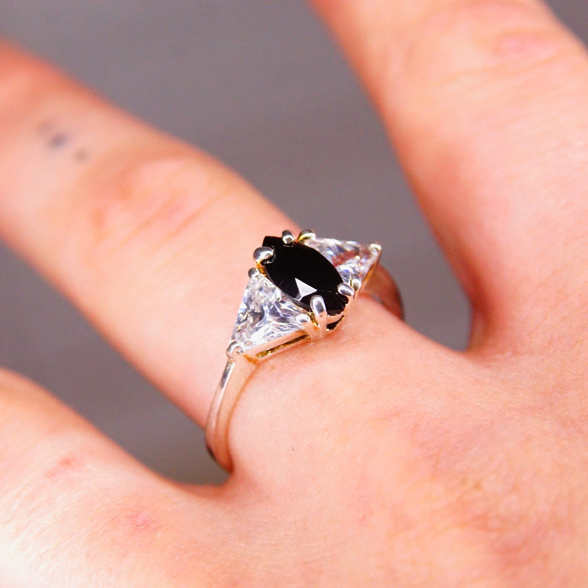 Vintage Sterling Silver Marquise Simulated Black Diamond & Accent Trillion CZ Diamond Engagement Ring, Made In China, Size 9 1/4 US